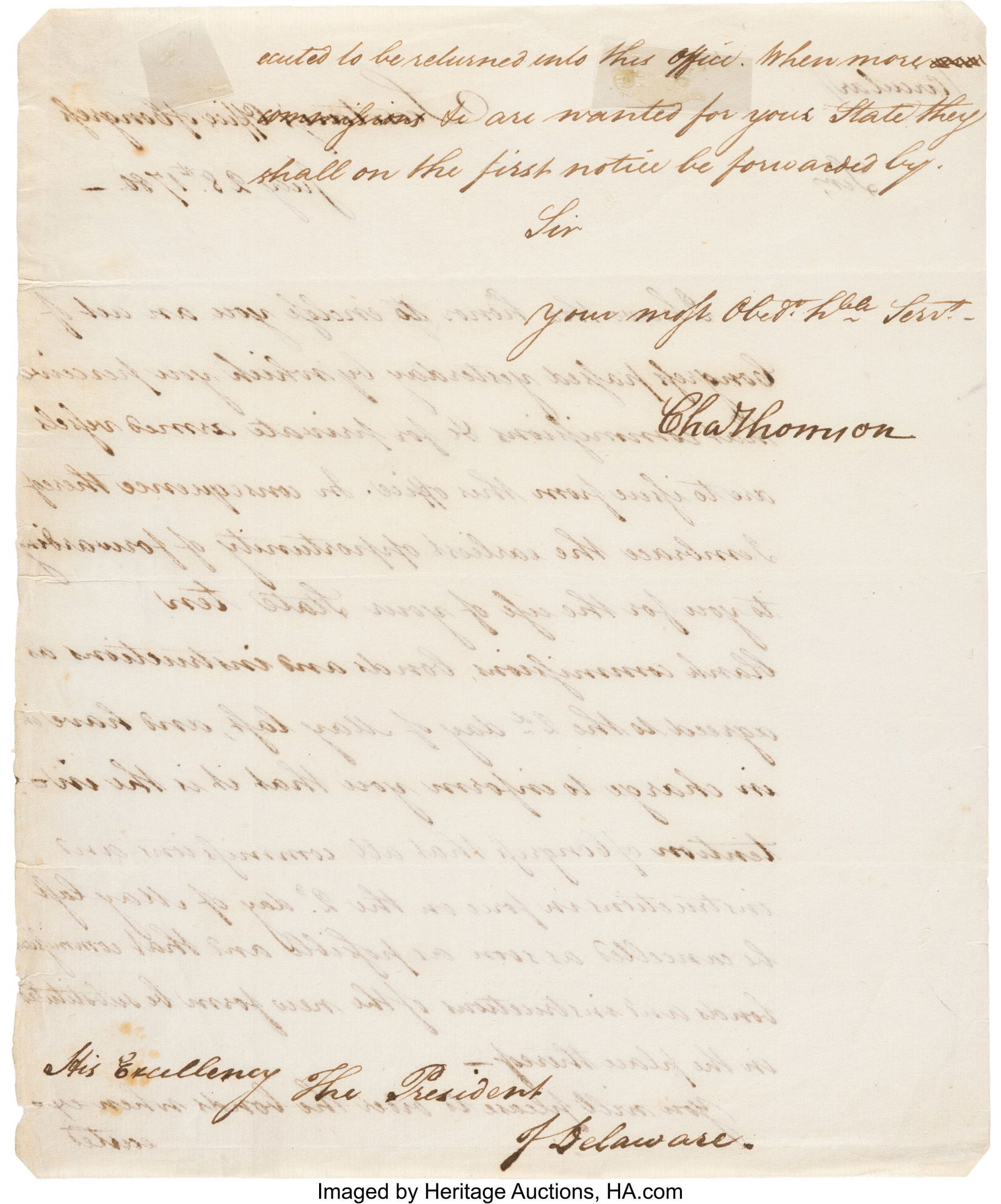 Charles Thomson Letter Signed. Two pages, 7 3/4 (1 of 2)