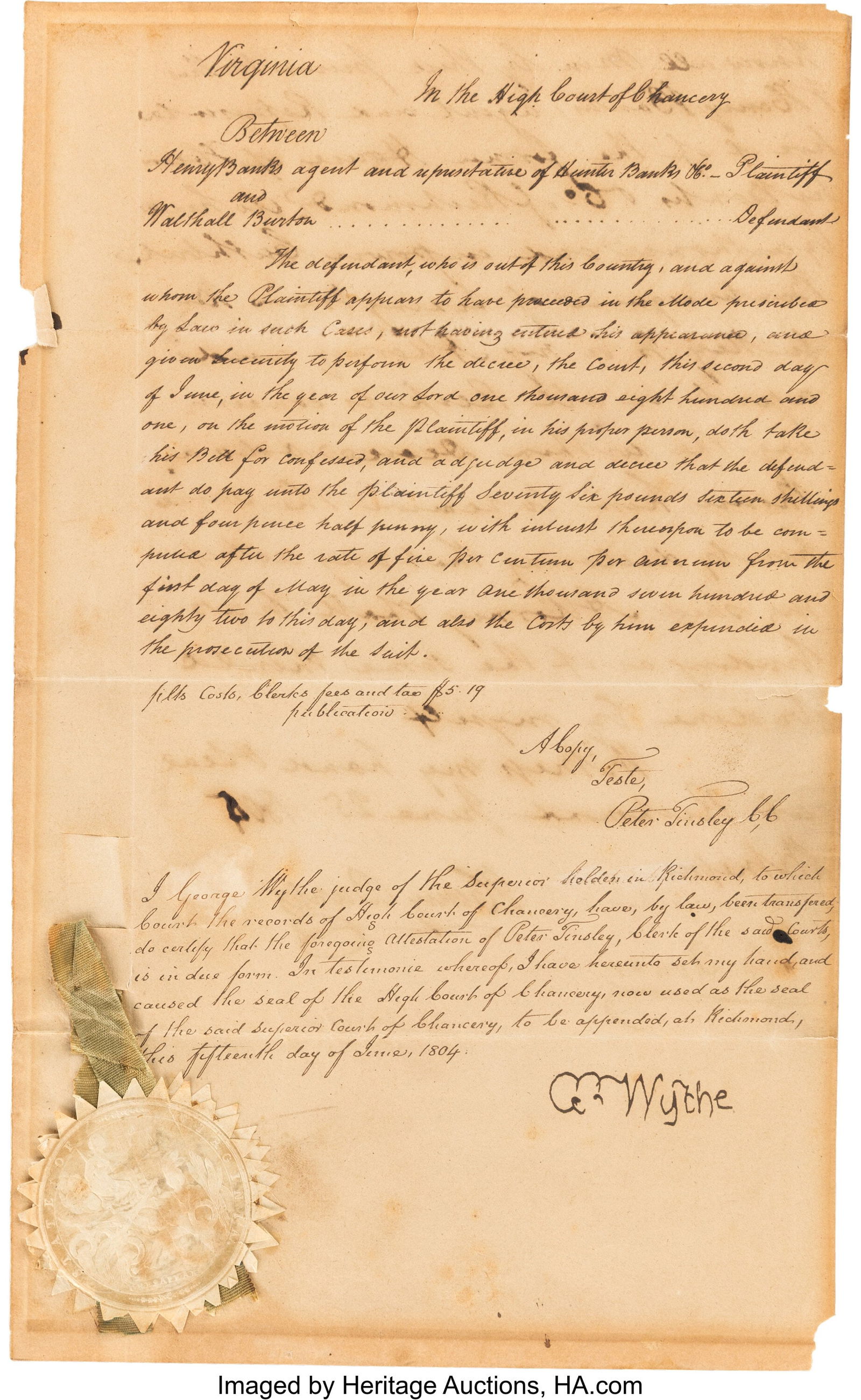 Declaration Signer George Wythe Document Signed. (1 of 3)