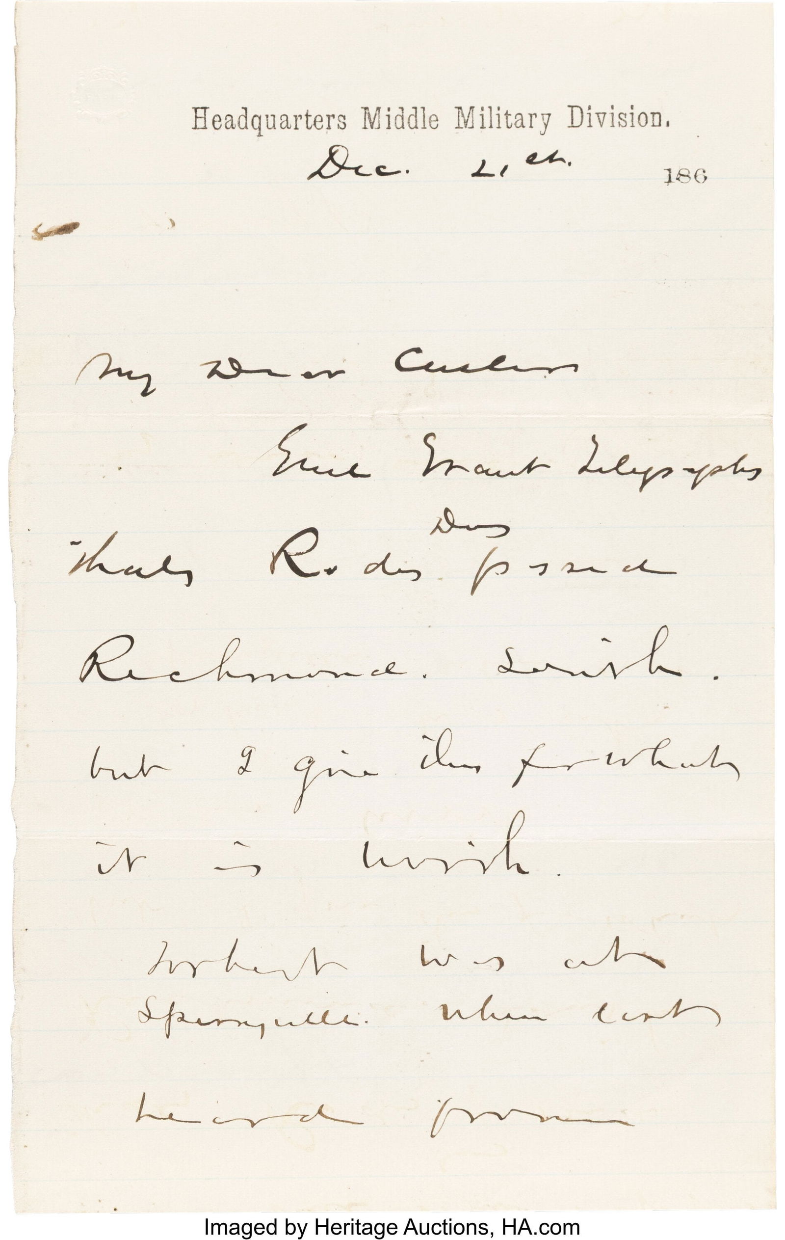 Philip Sheridan Autograph Letter Signed. Two pa (1 of 2)