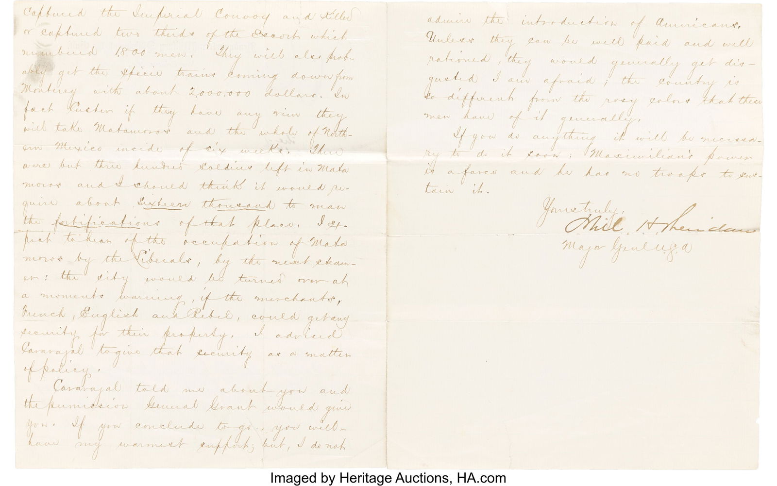 Philip H. Sheridan Letter Signed to George A. Cu (1 of 2)