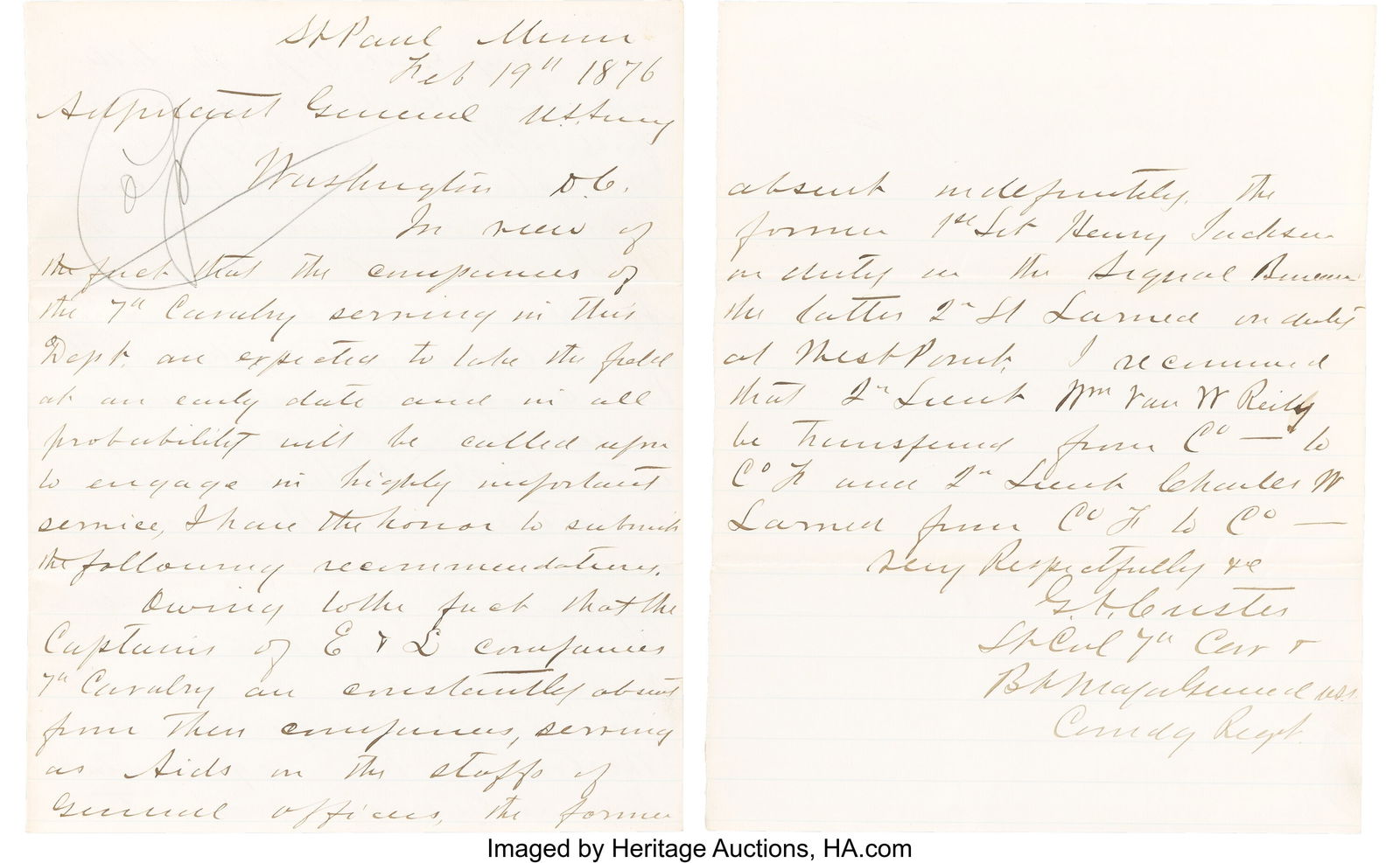 George A. Custer Autograph Letter Signed. Five p (1 of 3)