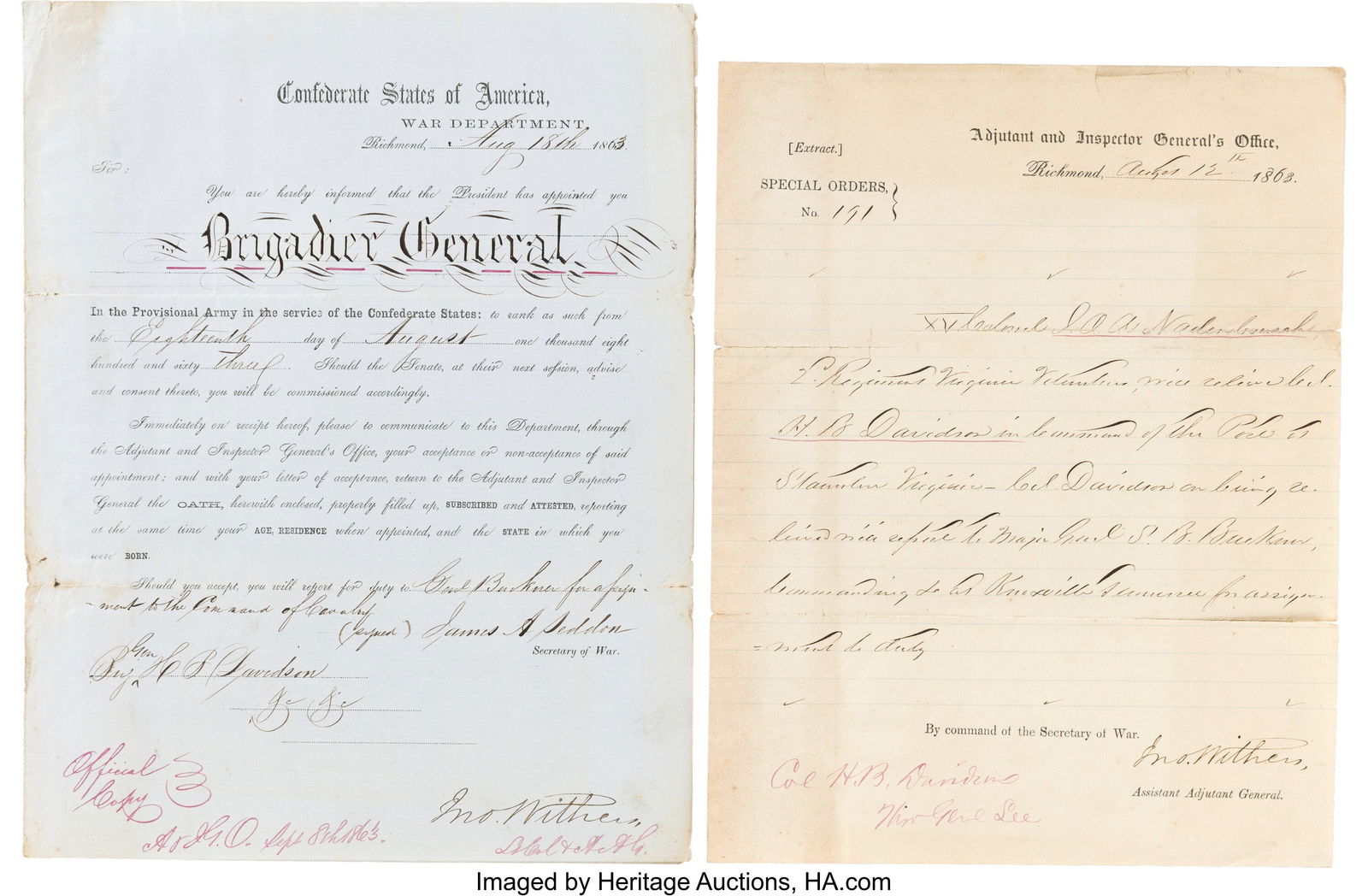 [Henry Brevard Davidson]. Copy of His Brigadier (1 of 1)