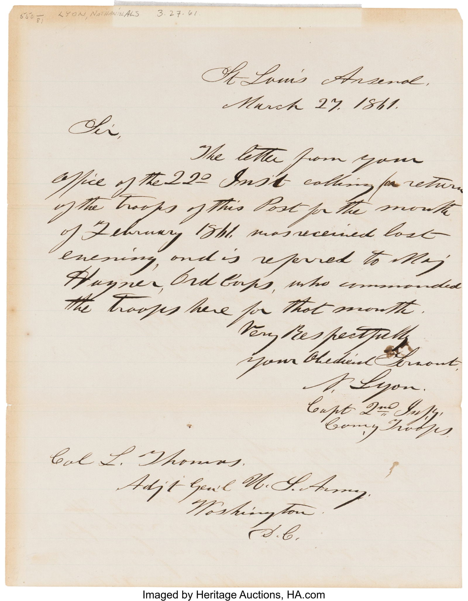 Nathaniel Lyon Autograph Letter Signed. One page (1 of 1)