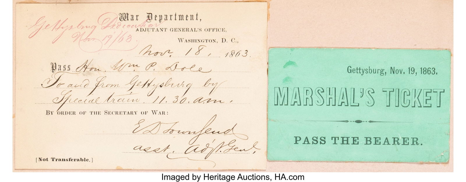 William P. Dole's Railroad Pass to Travel to Get: William P. Dole's Railroad Pass to Travel to Gettysburg on November 18, 1863 and Gettysburg Marshal's Ticket Dated November 19. Both are mounted in a scrapbook assembled by