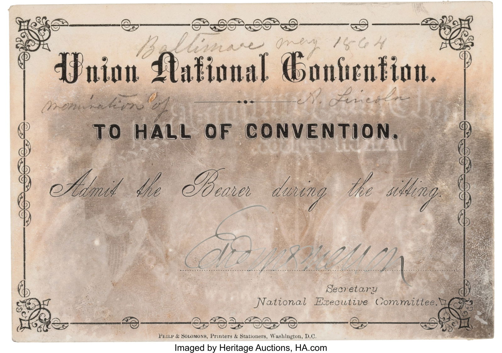 William P. Dole's Pass to the 1864 Union Nationa (1 of 2)