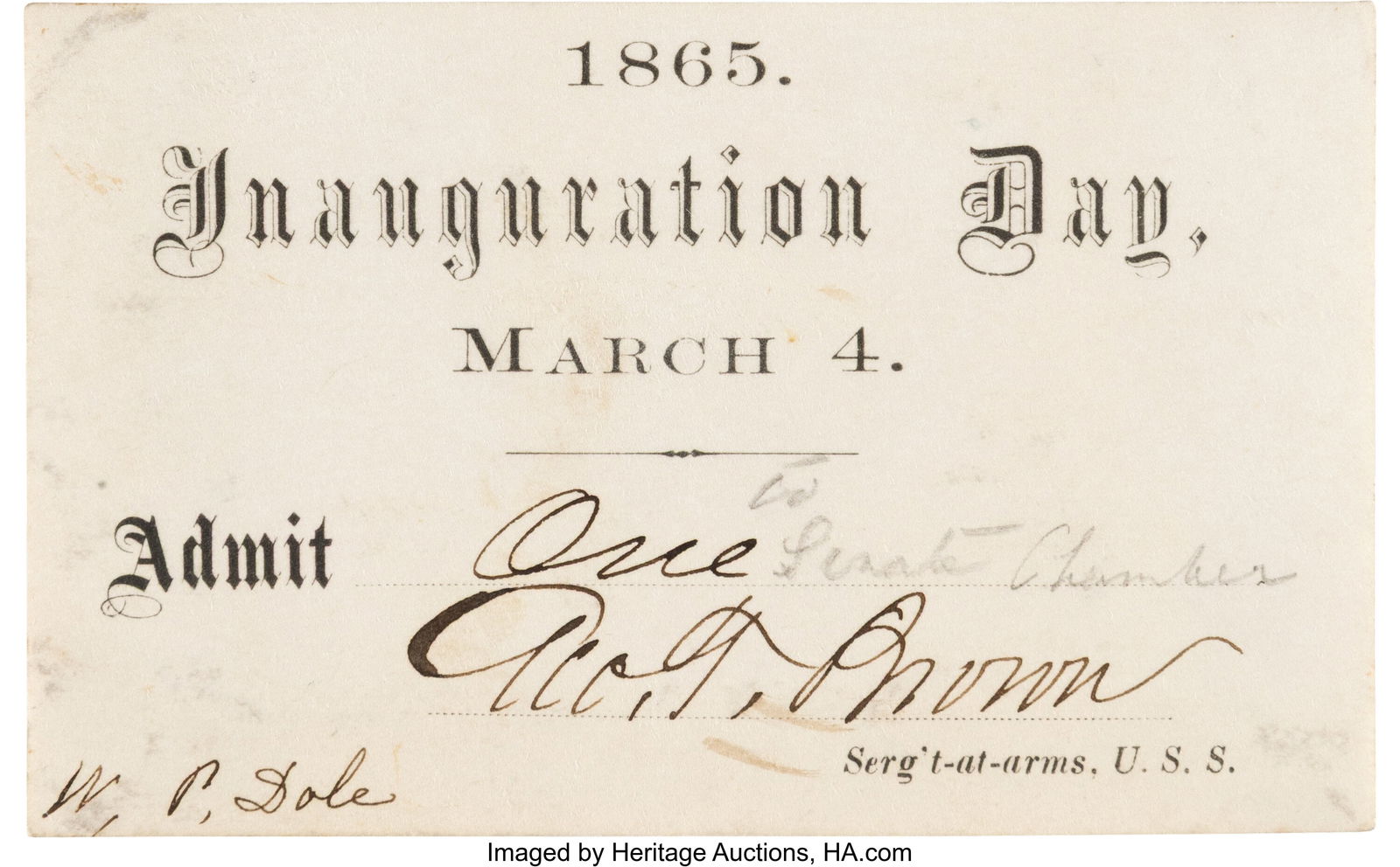 [Abraham Lincoln]. 1865 Inauguration Ticket. 3 3 (1 of 3)