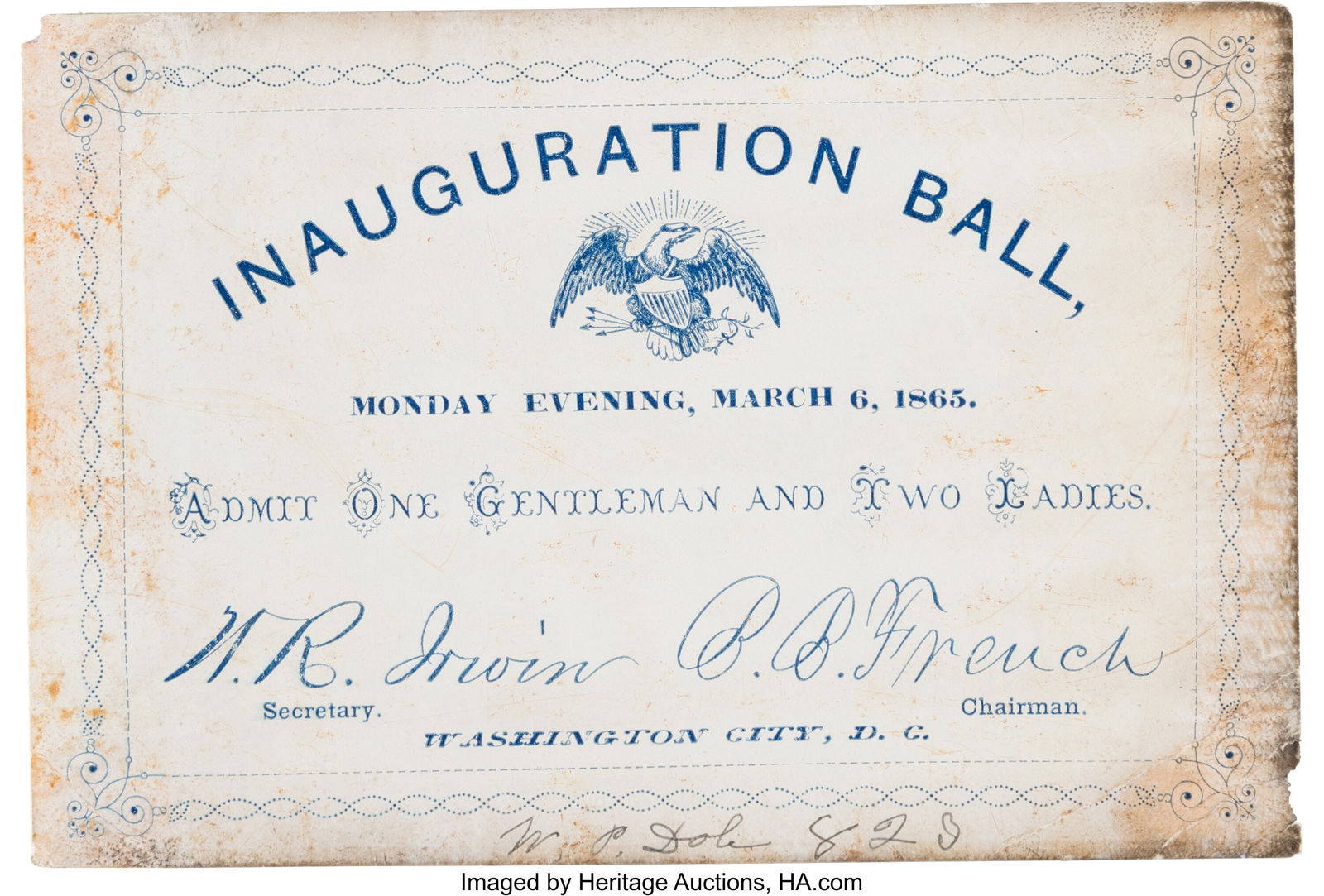 William P. Dole's 1865 Inauguration Ball Ticket. (1 of 3)