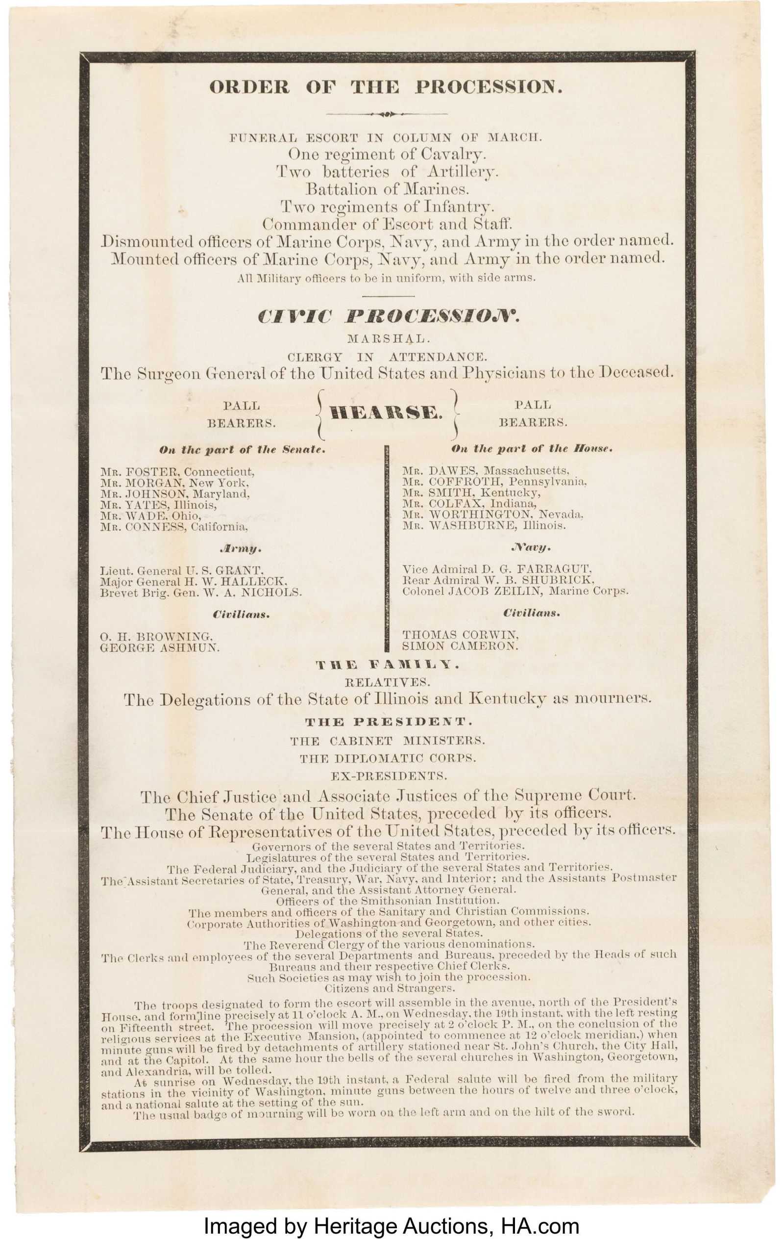 Order of Procession for Abraham Lincoln's Funera: Order of Procession for Abraham Lincoln's Funeral. Single sheet removed from a bifolium, measuring 5 3/4 x 9 1/4 inches. Titled "Order of the Procession," this