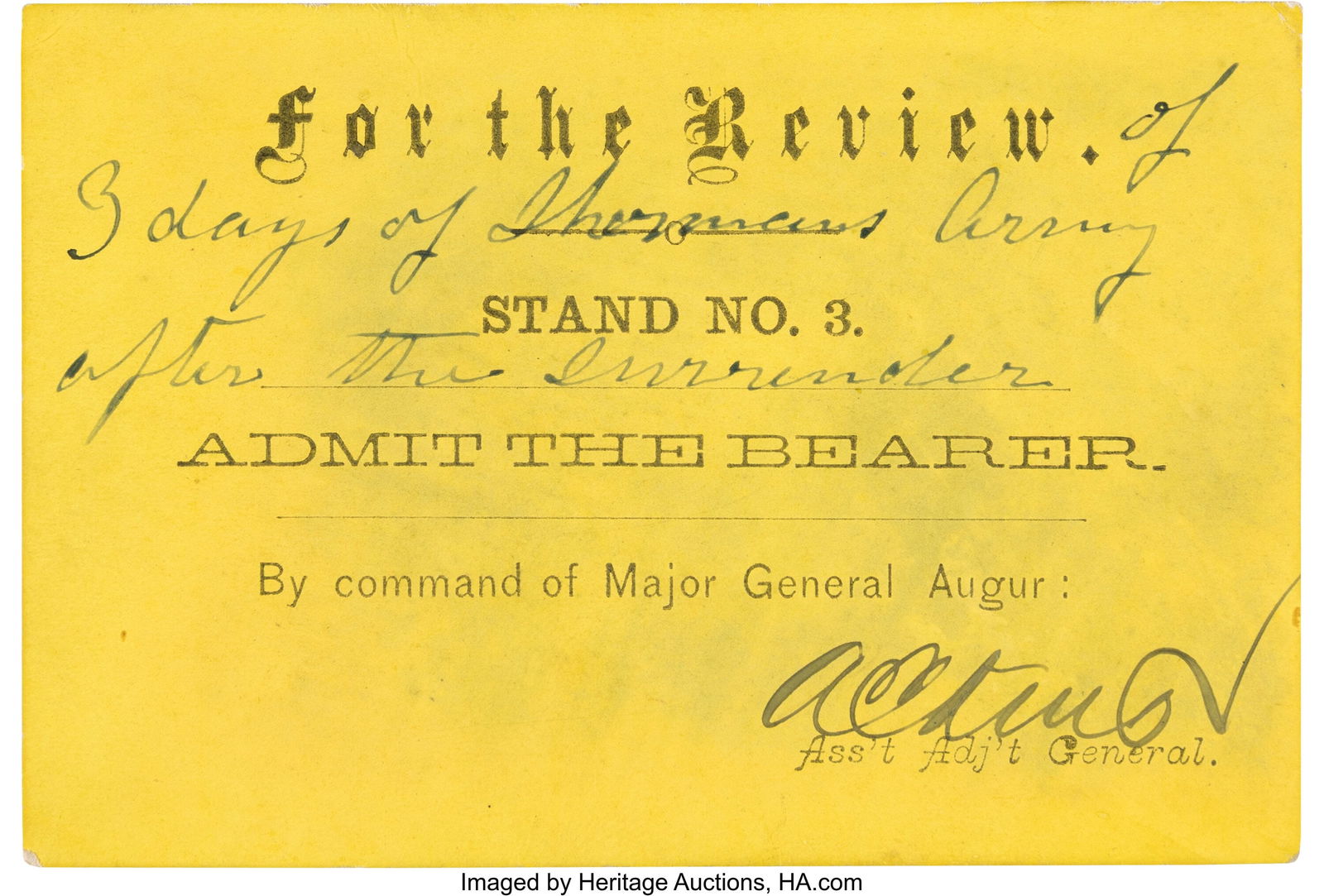 [Civil War]. Grand Army Review Pass for Stand No: [Civil War]. Grand Army Review Pass for Stand No. 3. 3 3/4 x 2 1/2 inches on yellow cardstock, printed "for the Review. Stand no. 3.