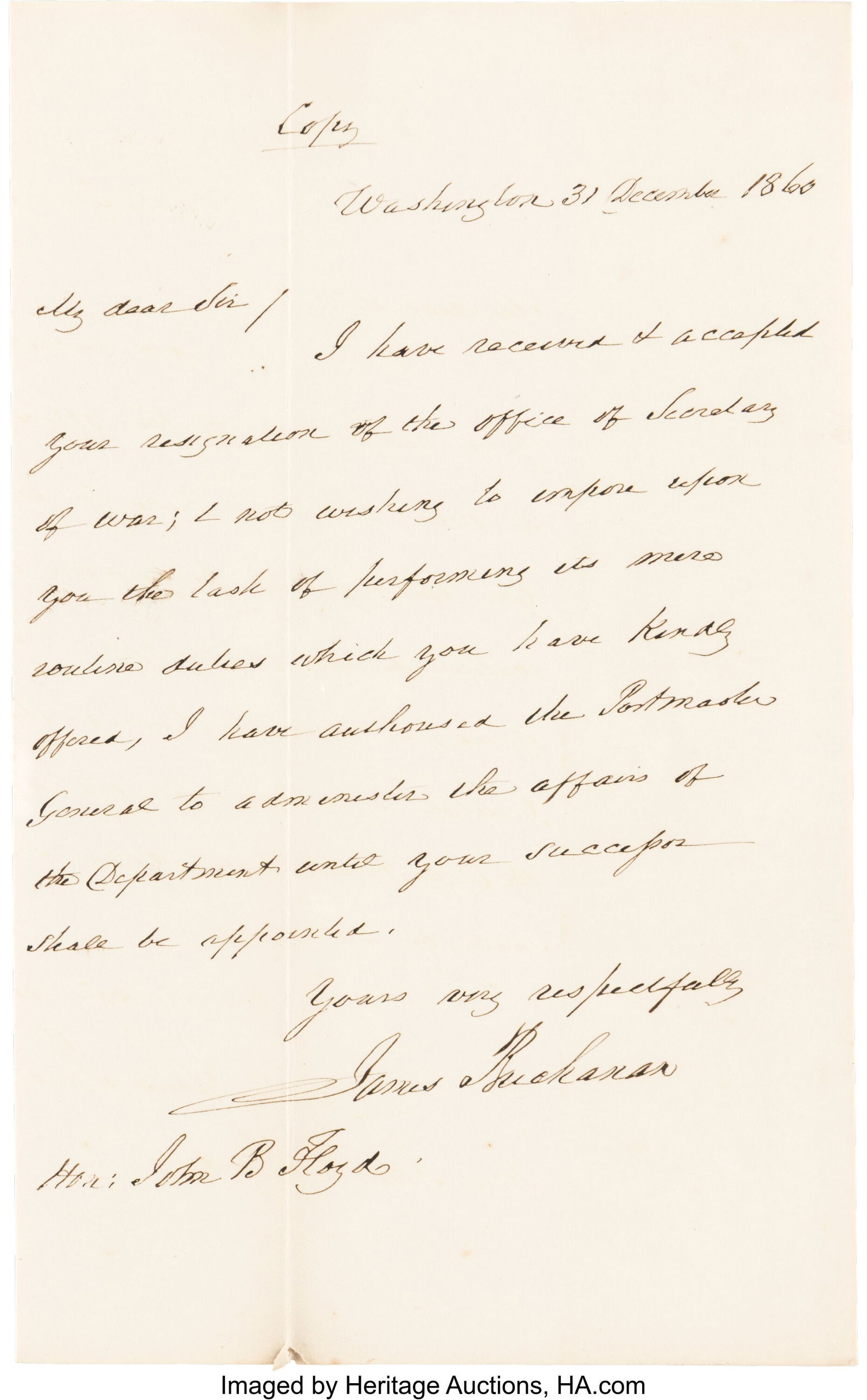 James Buchanan Autograph Letter Signed. One page (1 of 2)