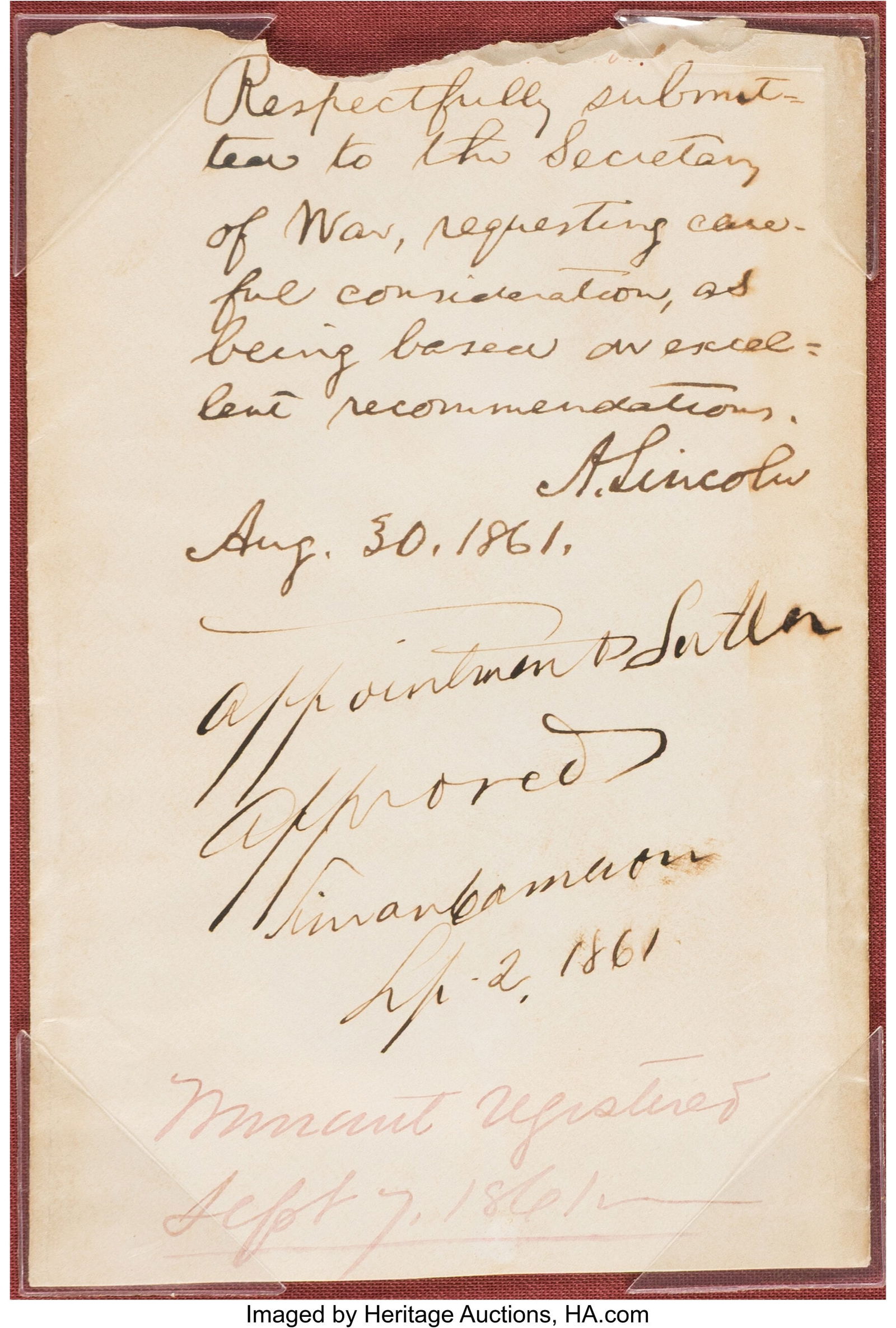 Abraham Lincoln and Simon Cameron Autograph Endo (1 of 2)