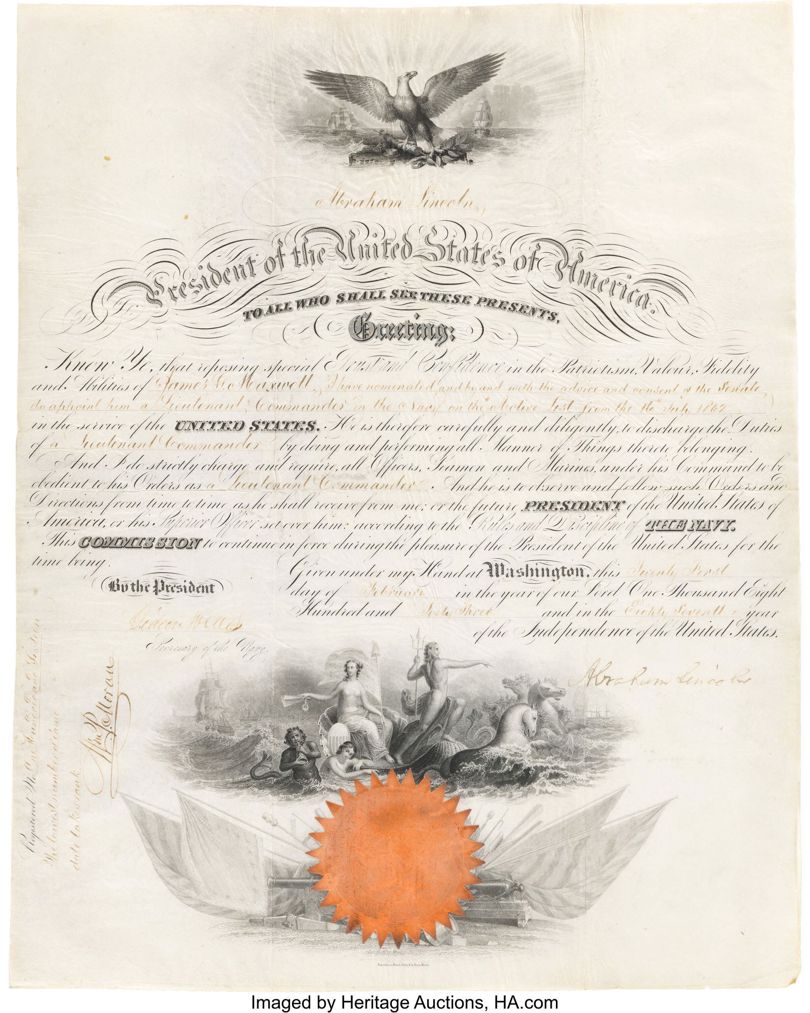 Abraham Lincoln Signed Naval Commission. One par (1 of 2)