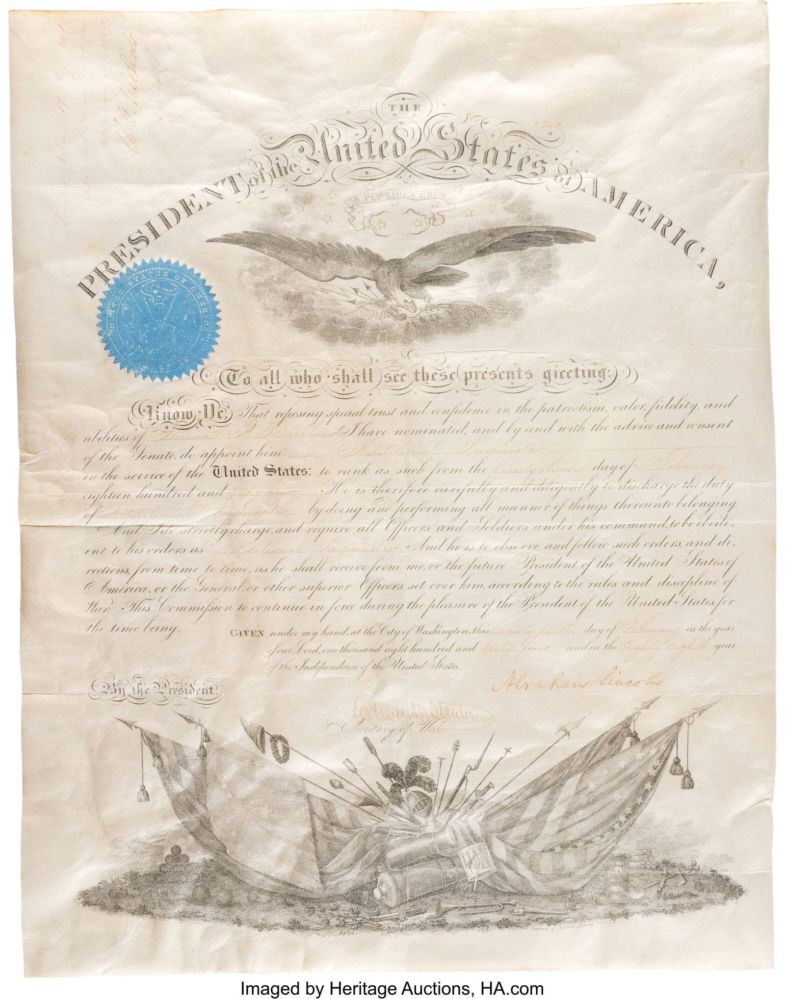 Abraham Lincoln Military Appointment Signed. One (1 of 2)