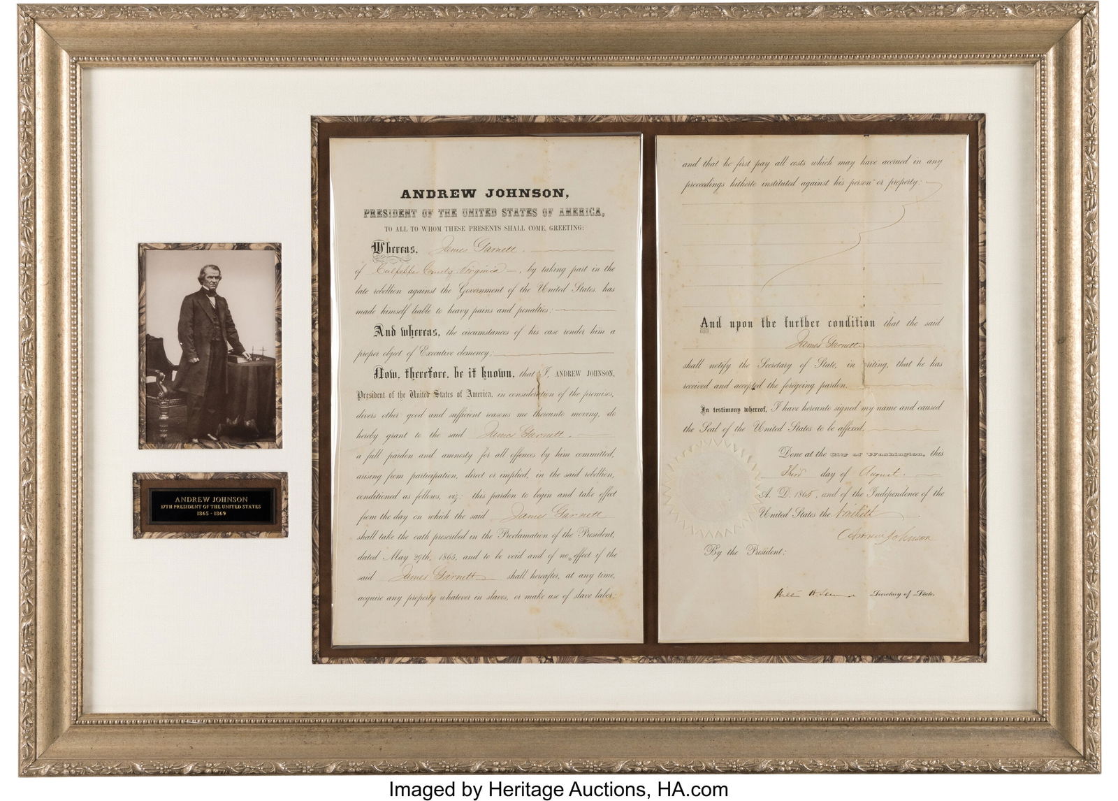 Andrew Johnson Pardon Signed. Two partially prin (1 of 1)