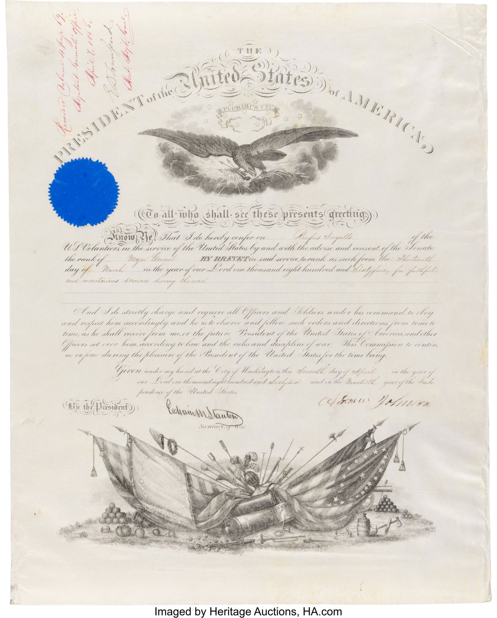 Andrew Johnson Military Commission Signed. One (1 of 2)