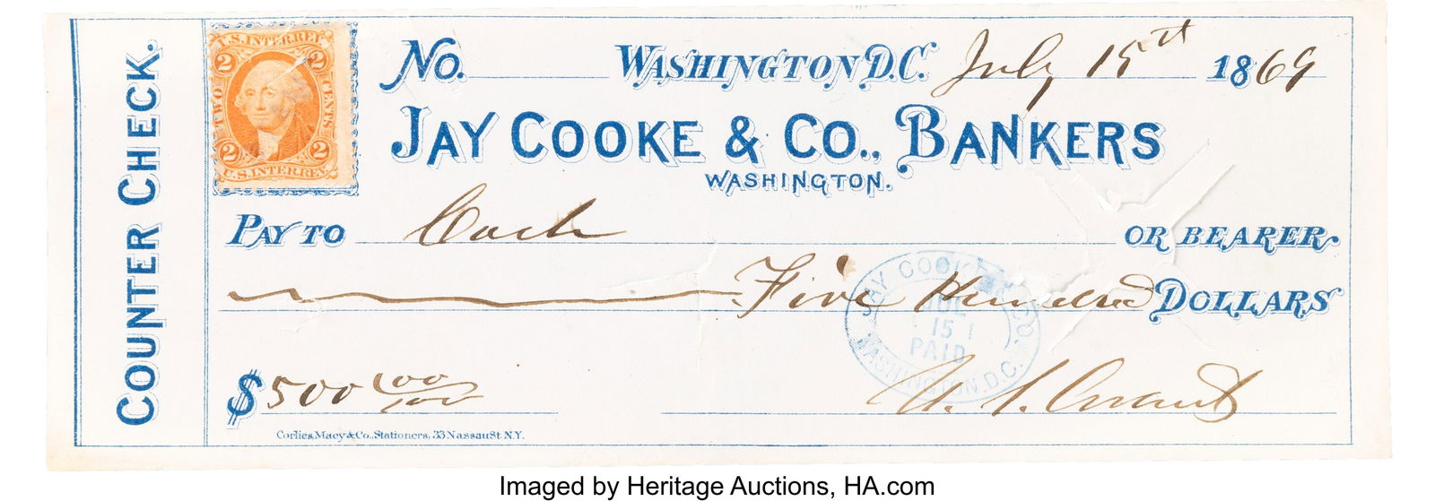 Ulysses S. Grant Signed Check. 8 x 2 3/4 inches, (1 of 2)