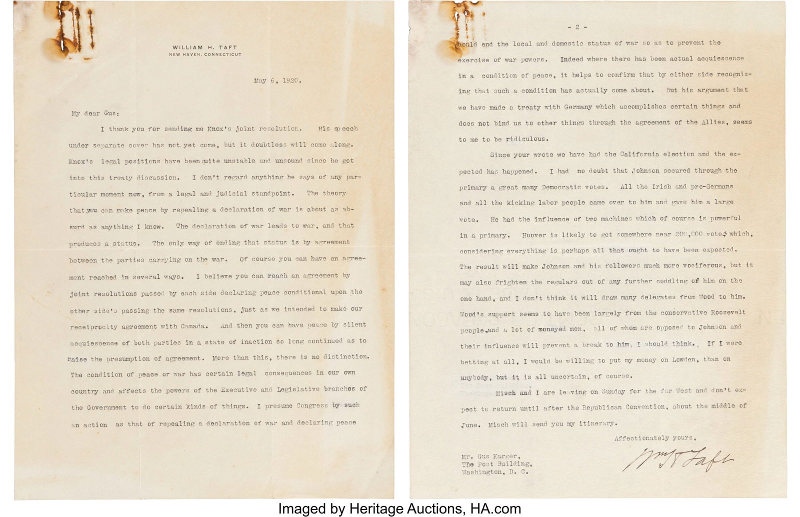 William Howard Taft Typed Letter Signed. Two pag (1 of 1)