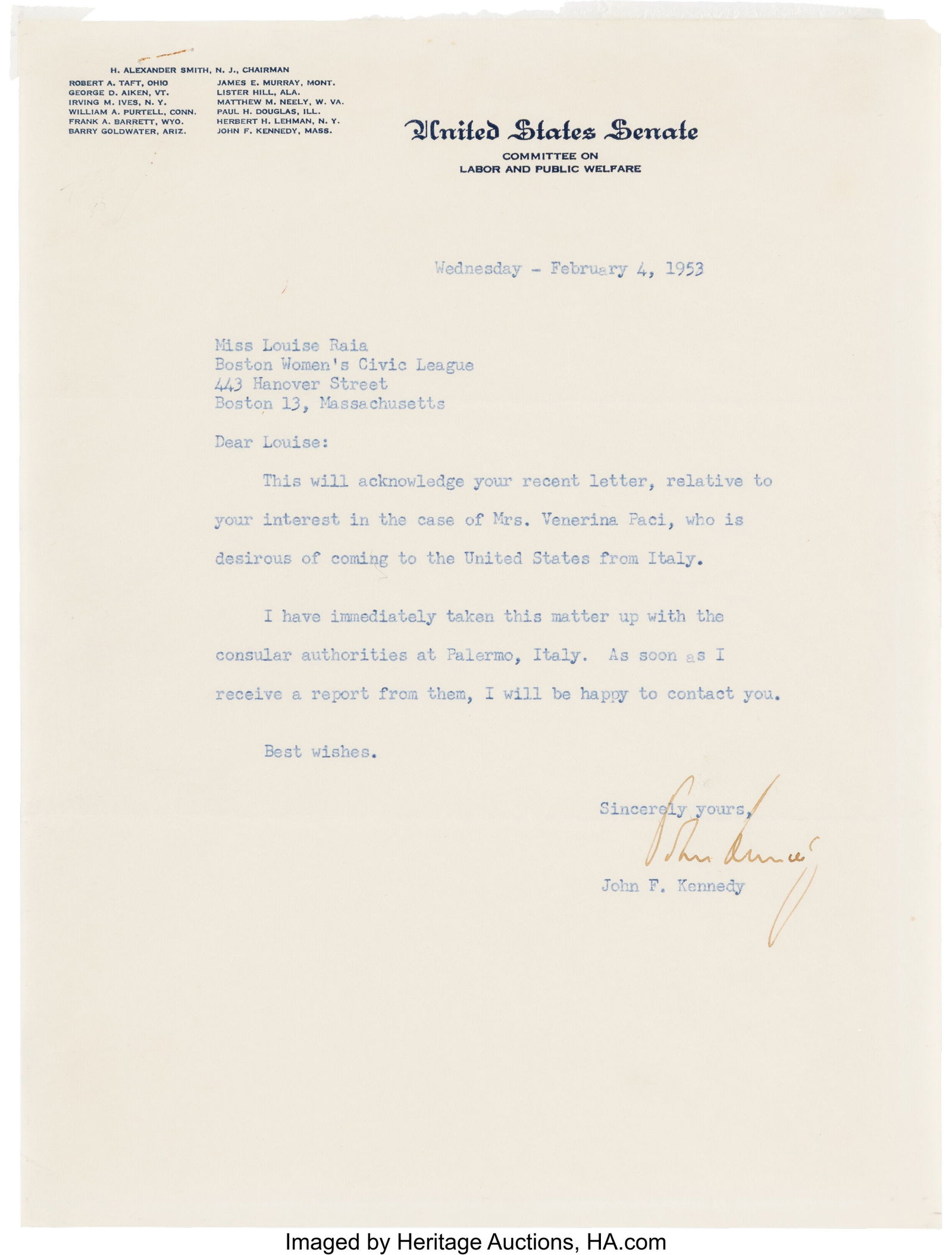 John F. Kennedy Typed Letter Signed. One page o (1 of 2)