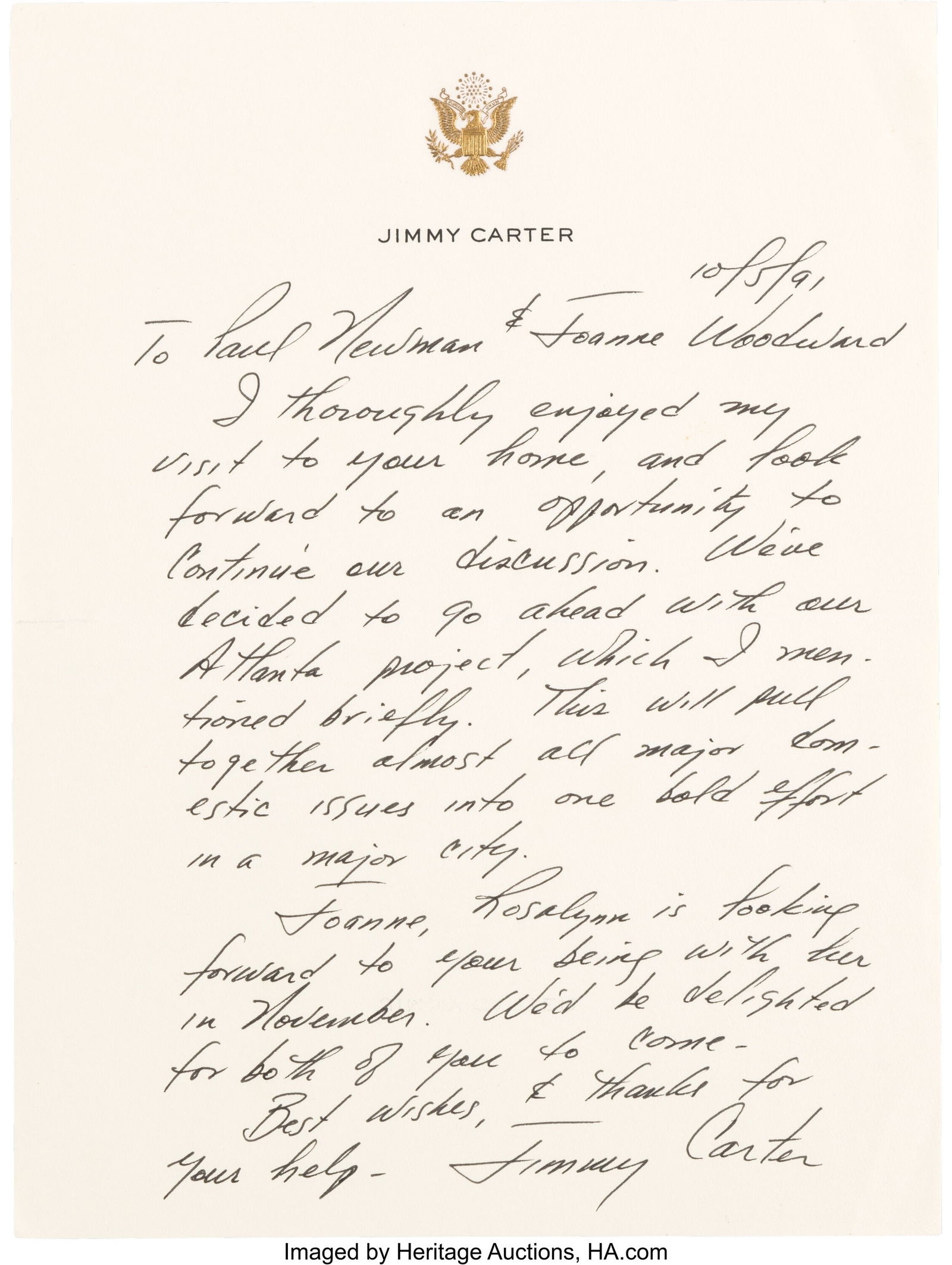 Jimmy Carter Autograph Letter Signed. One page (1 of 2)
