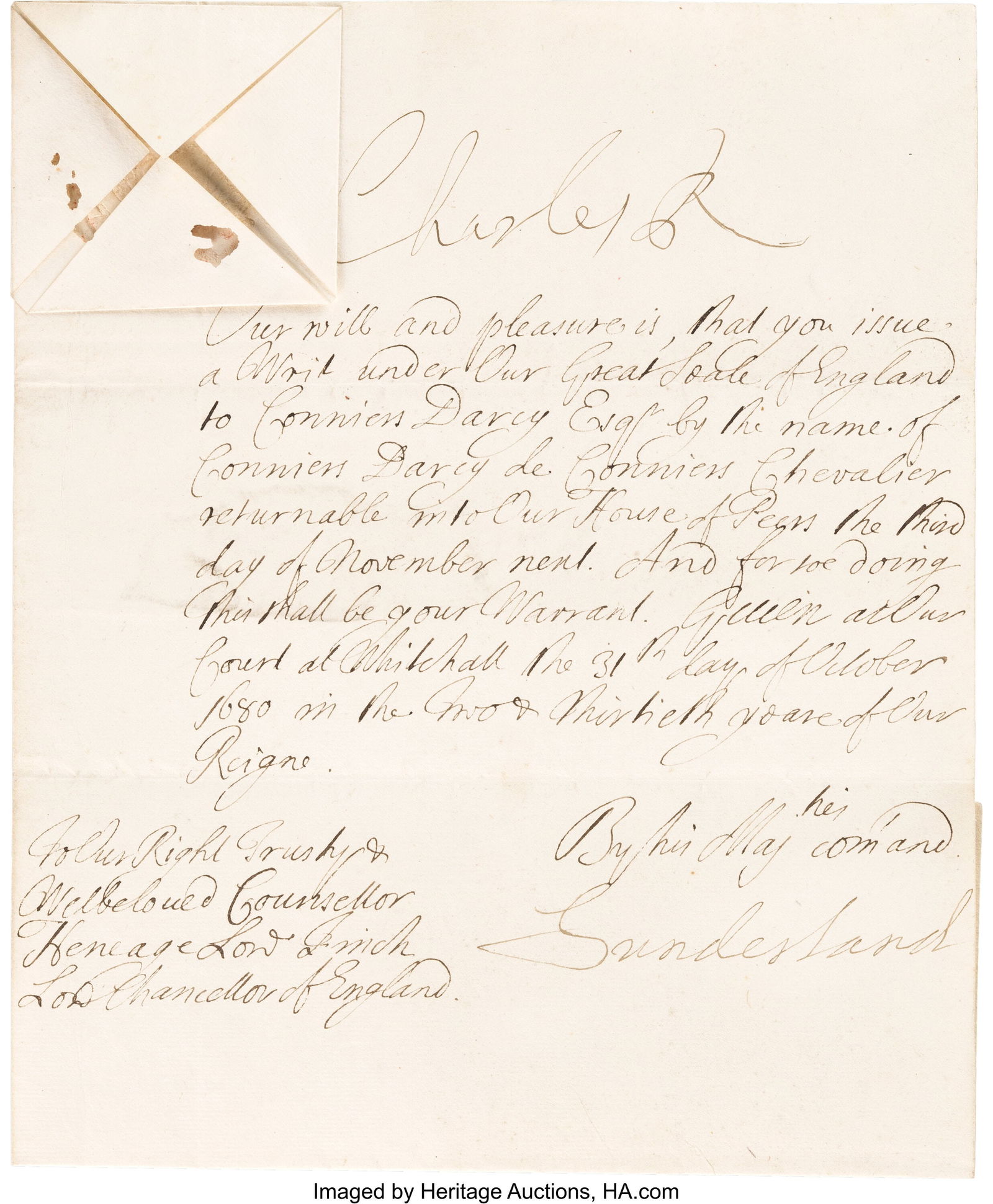 Charles II Document Signed. One page of a bifoli (1 of 2)