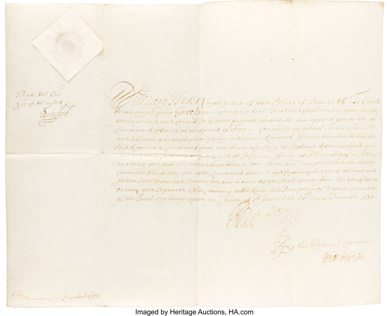 King William III Signed Military Appointment. On (1 of 1)