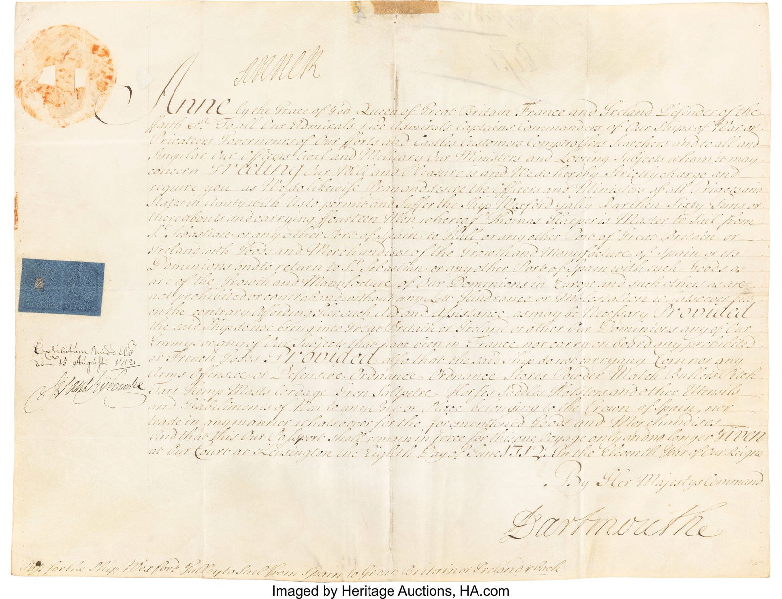 Anne, Queen of England Ship's Passport Signed. (1 of 2)