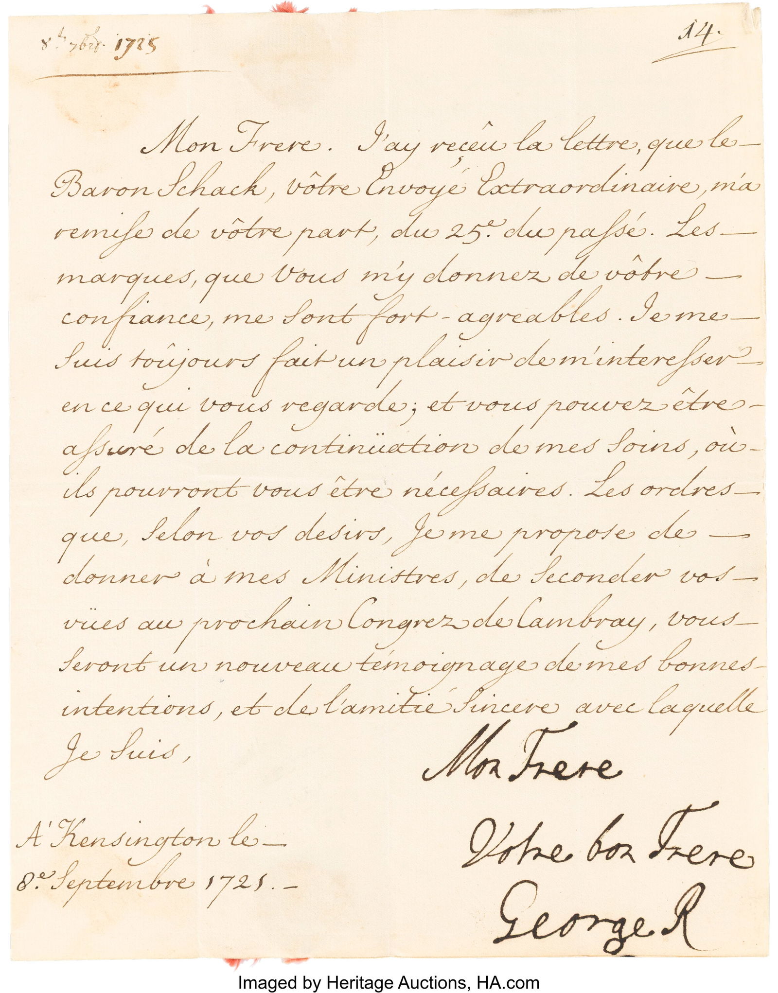 George I Letter Signed. One page of a bifolium, (1 of 2)