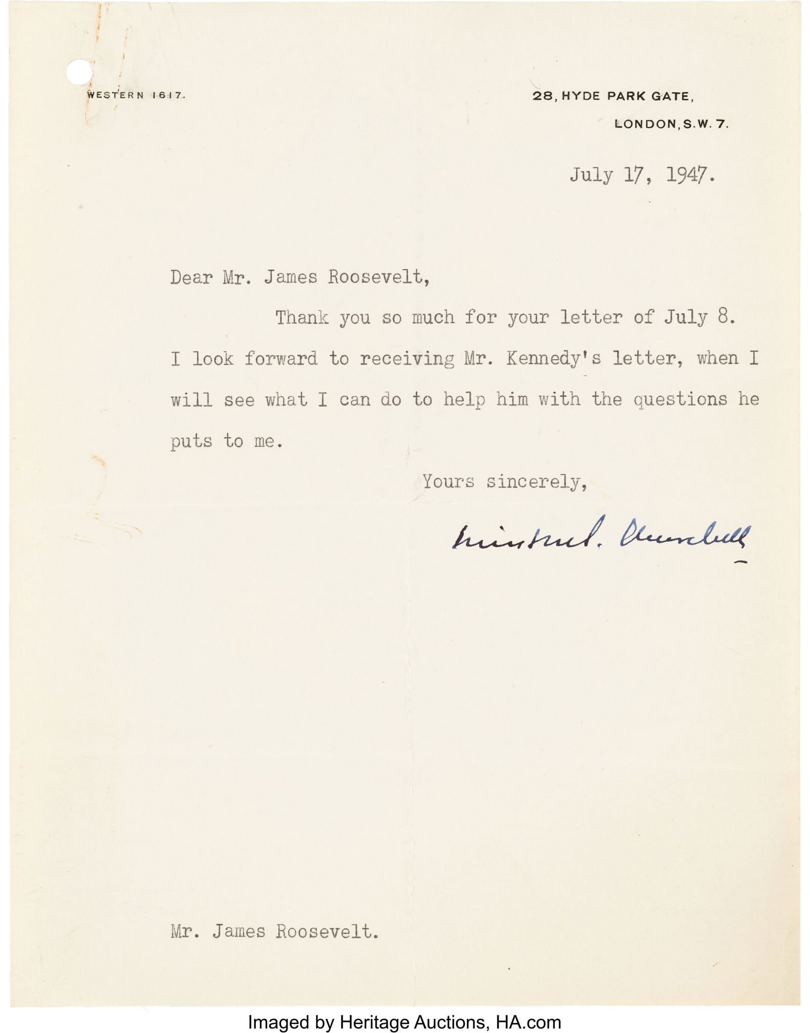 Winston Churchill Typed Letter Signed. One page (1 of 1)