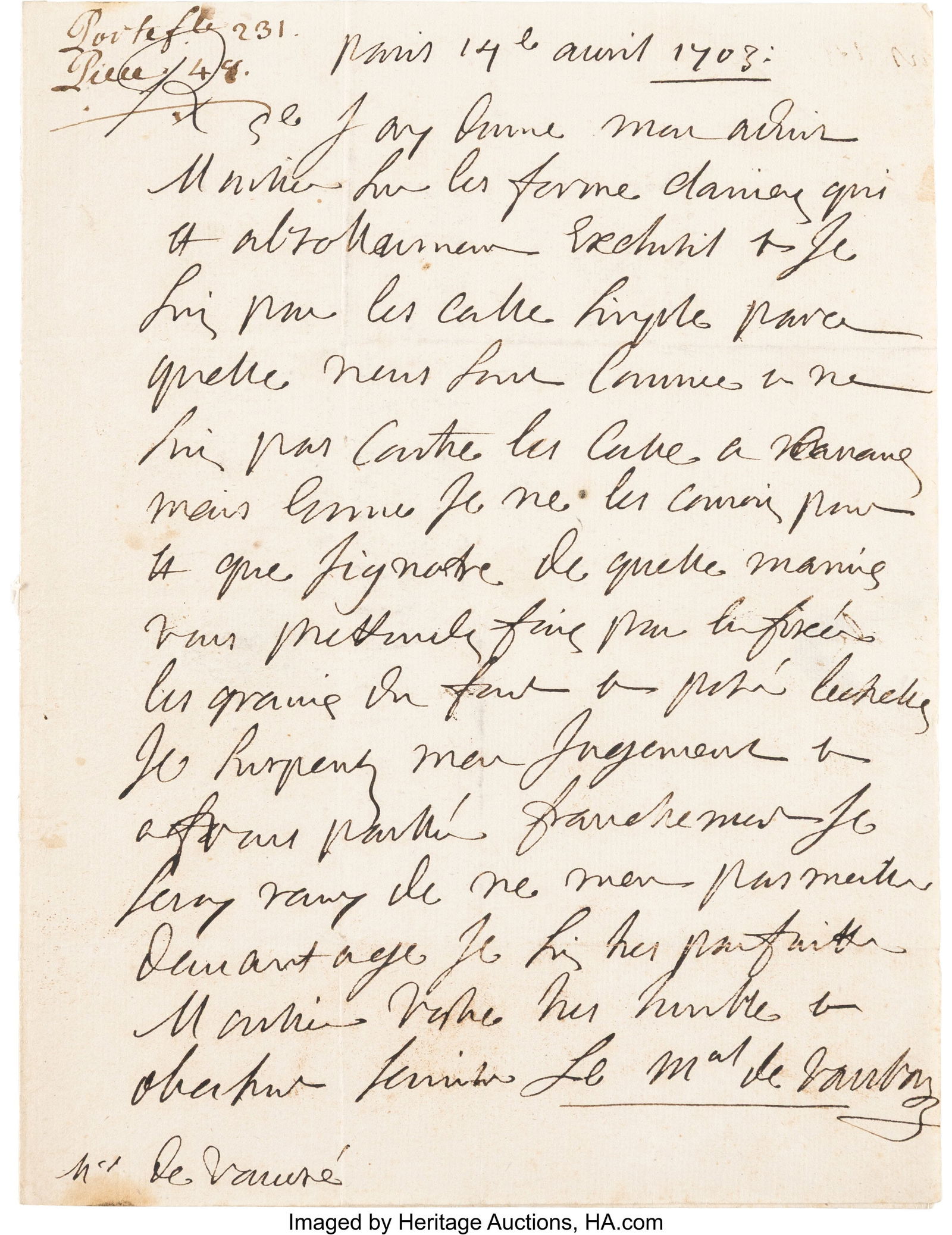 Sebastien le Prestre, Marquis de Vauban Autograp (1 of 2)