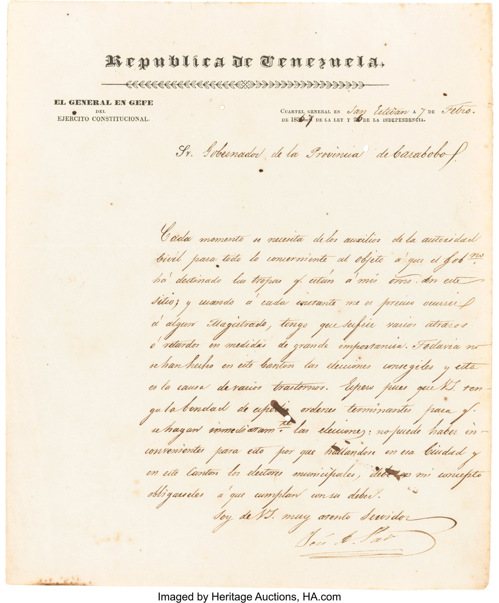 José Antonio Páez Letter Signed. One page in S (1 of 2)