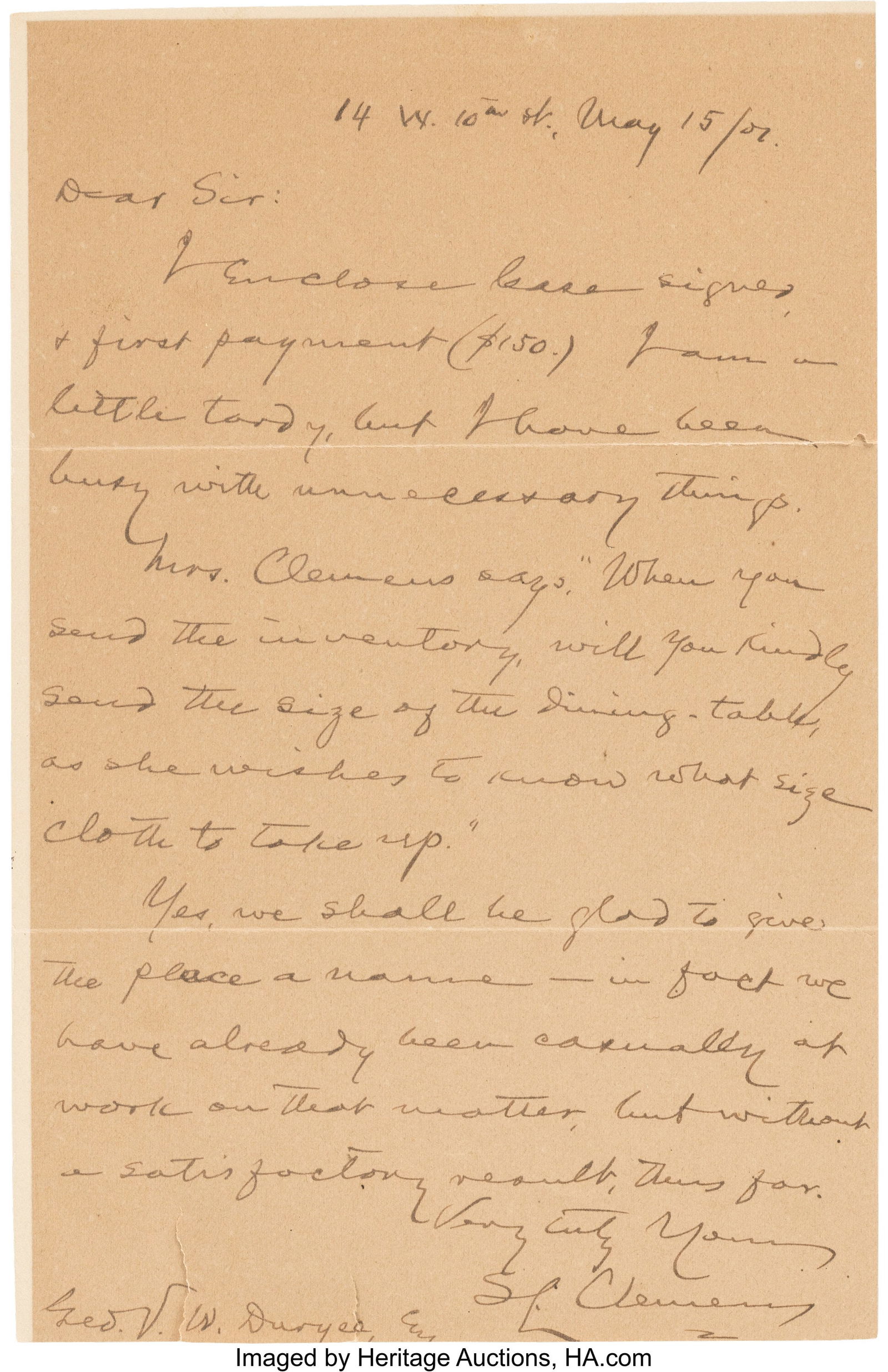 [Mark Twain]. Samuel Clemens Autograph Letter Si (1 of 1)