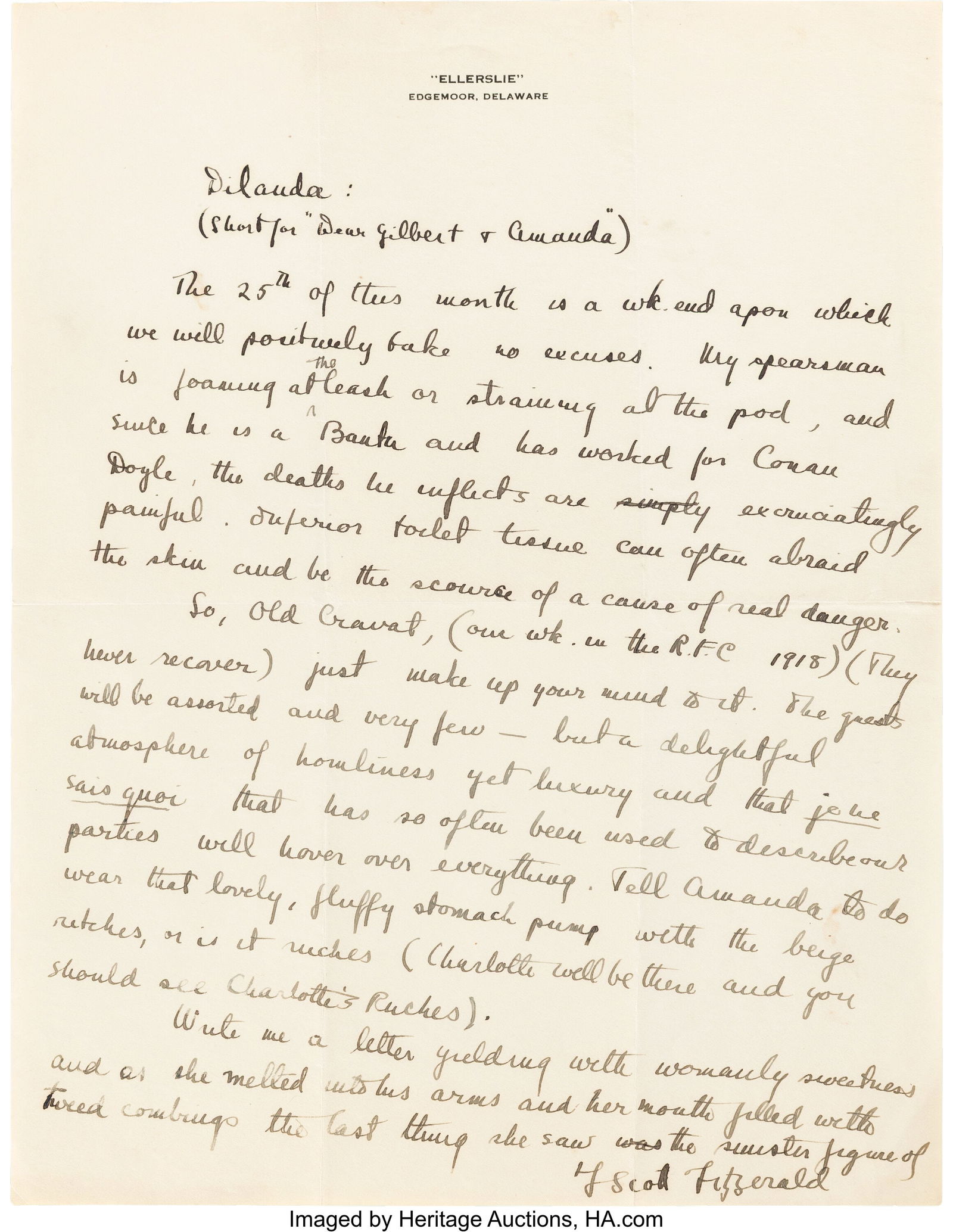 F. Scott Fitzgerald Autograph Letter Signed. One (1 of 2)