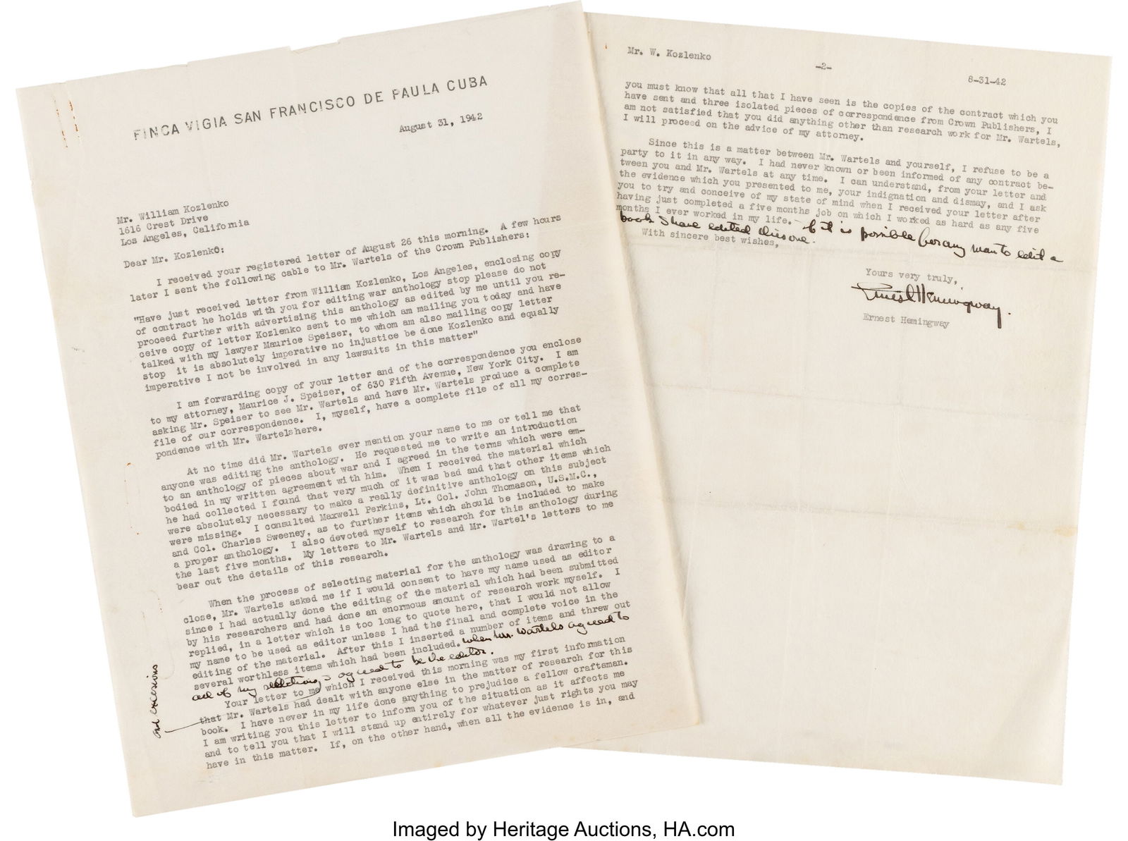 Ernest Hemingway Typed Letter Signed. Two pages, (1 of 4)