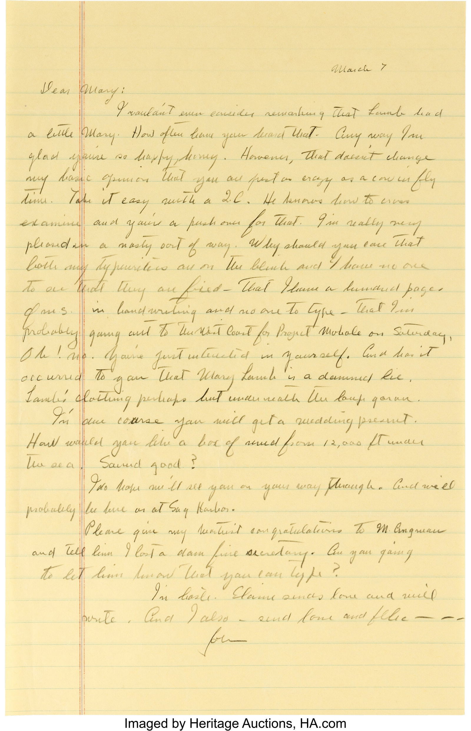John Steinbeck Autograph Letter Signed. One page (1 of 1)