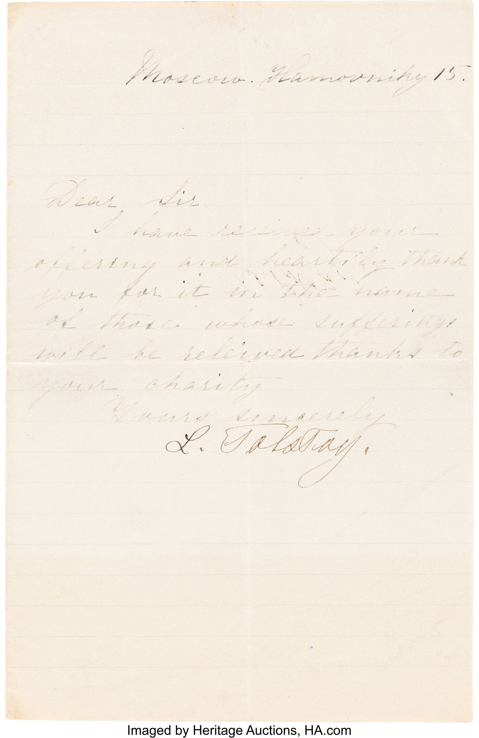Leo Tolstoy Letter Signed. One page of a bifoliu (1 of 1)
