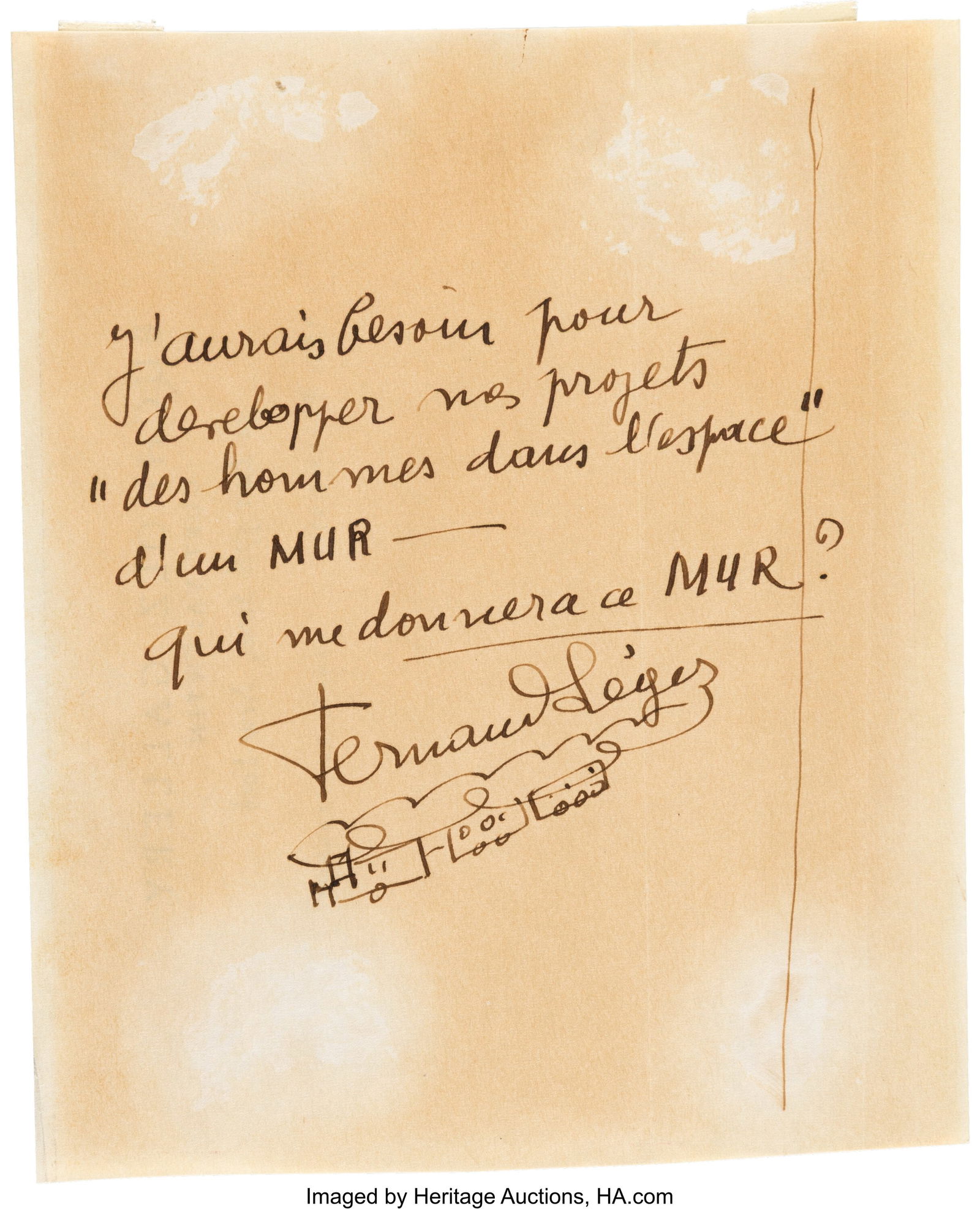 Fernand Leger Autograph Manuscript Signed with O: Fernand Leger Autograph Manuscript Signed with Original Drawing. One page written on the verso of Buchholz Gallery letterhead, 5 3/4 x 7 inches; New York; undated,