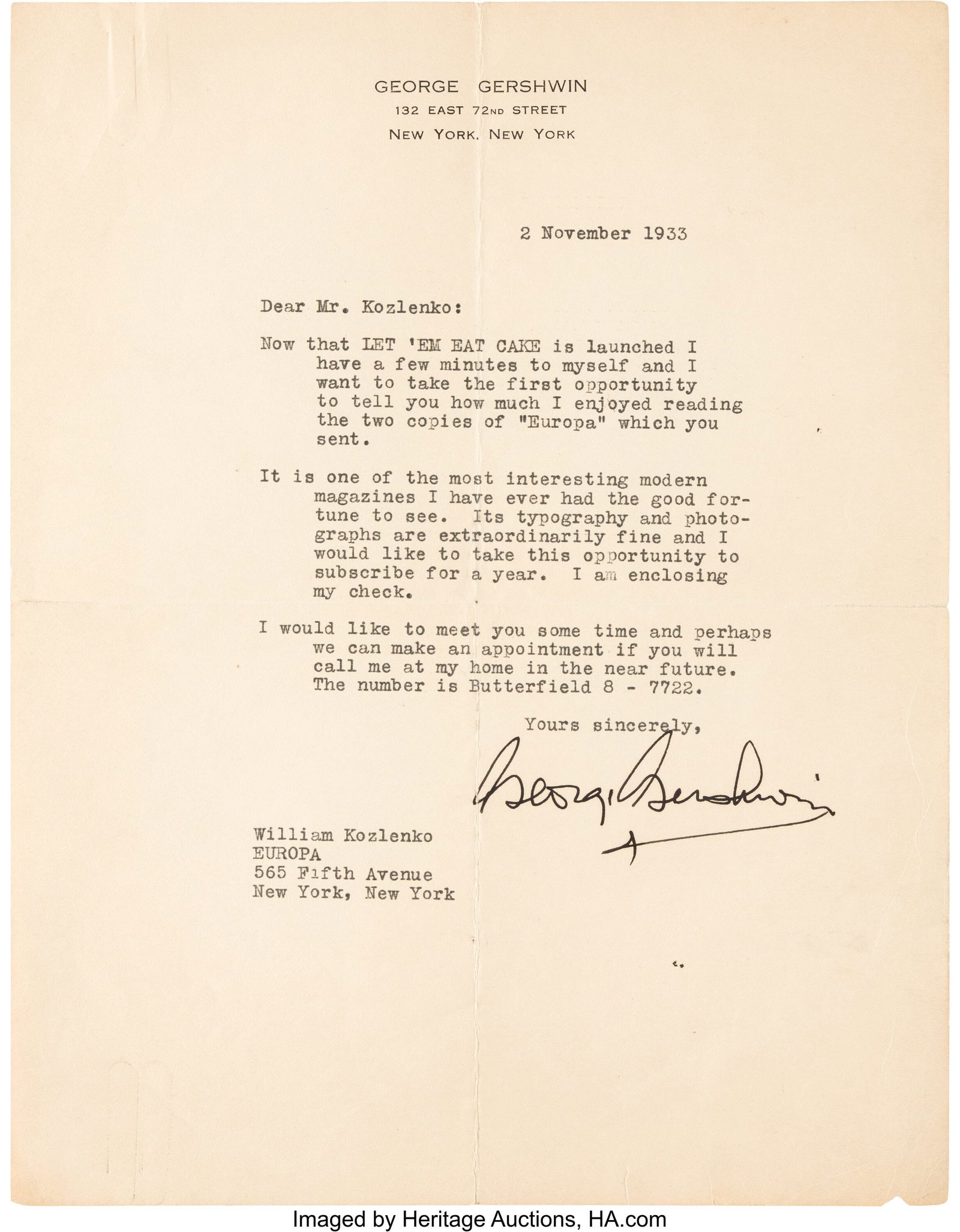 George Gershwin Typed Letter Signed. One page on (1 of 3)