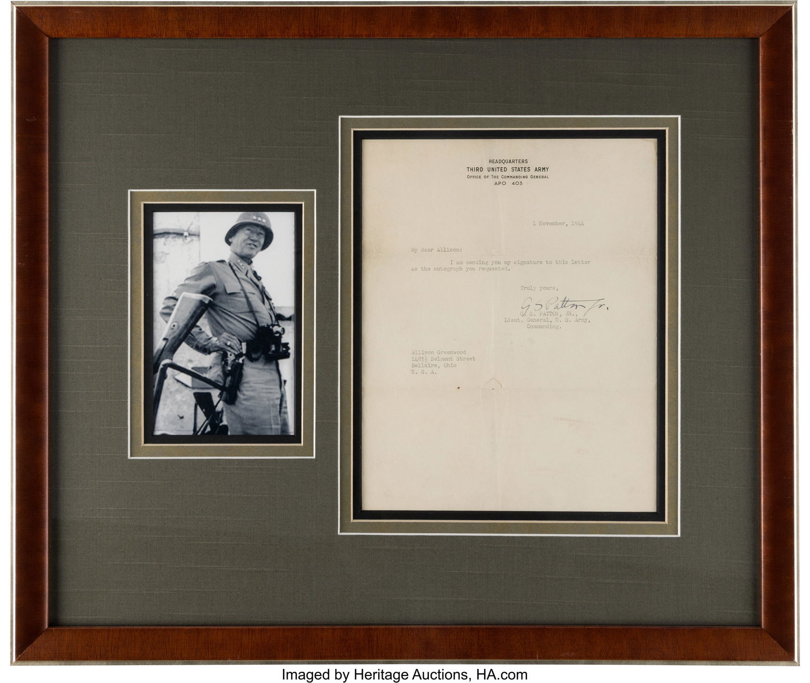 George S. Patton Typed Letter Signed. One page o (1 of 2)