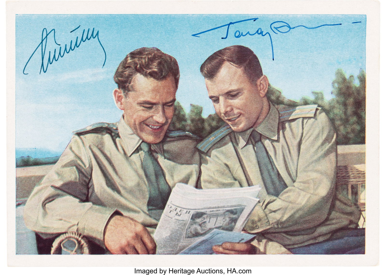 Yuri Gagarin and German Titov Signed 1961 Soviet: Yuri Gagarin and German Titov Signed 1961 Soviet Postcard. 5 3/4 x 4 1/8 inches, issued September 16, 1961. Official USSR color postcard depicting the cosmonauts read