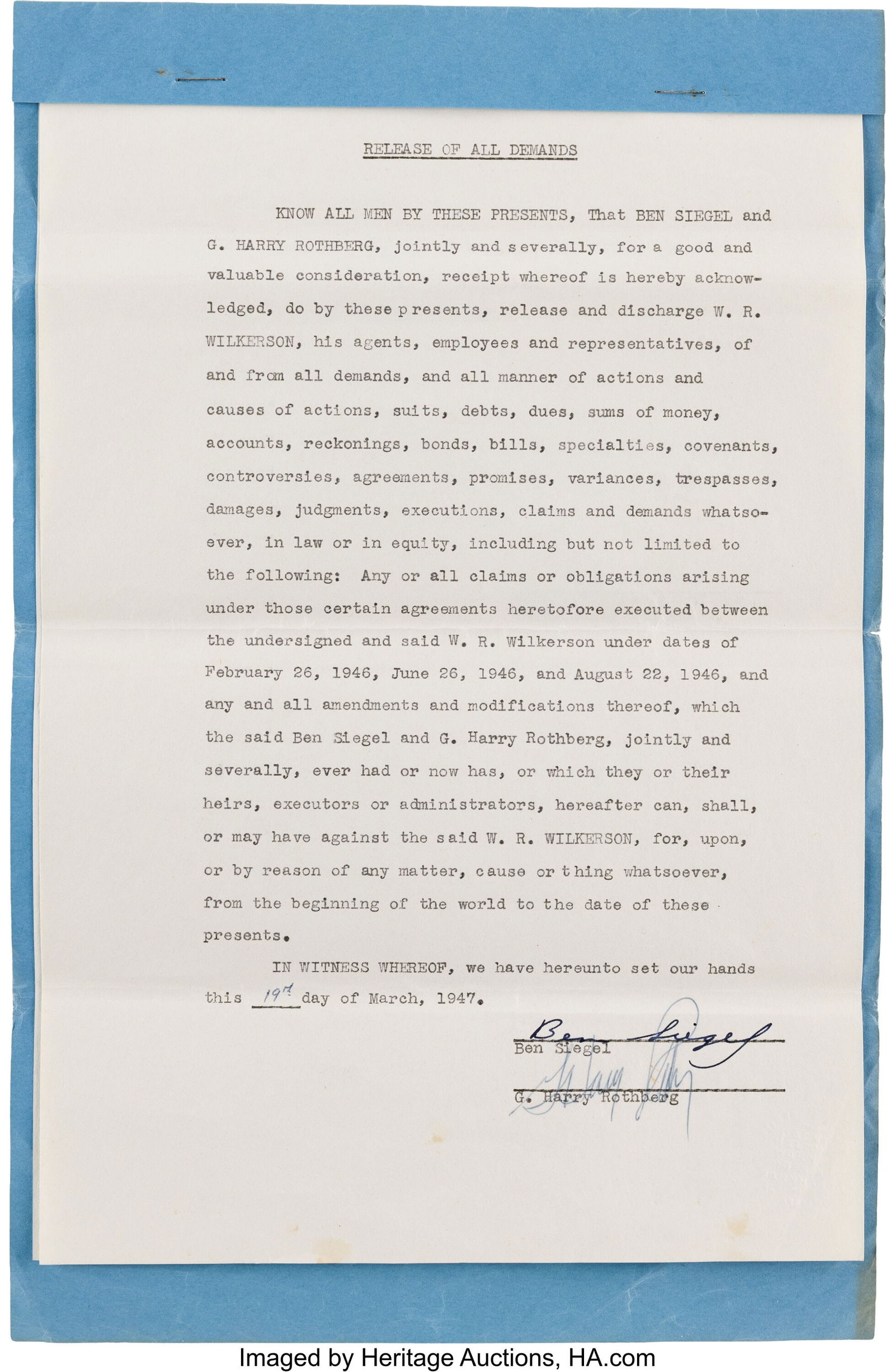 Benjamin "Bugsy" Siegel Legal Document Signed. (1 of 2)