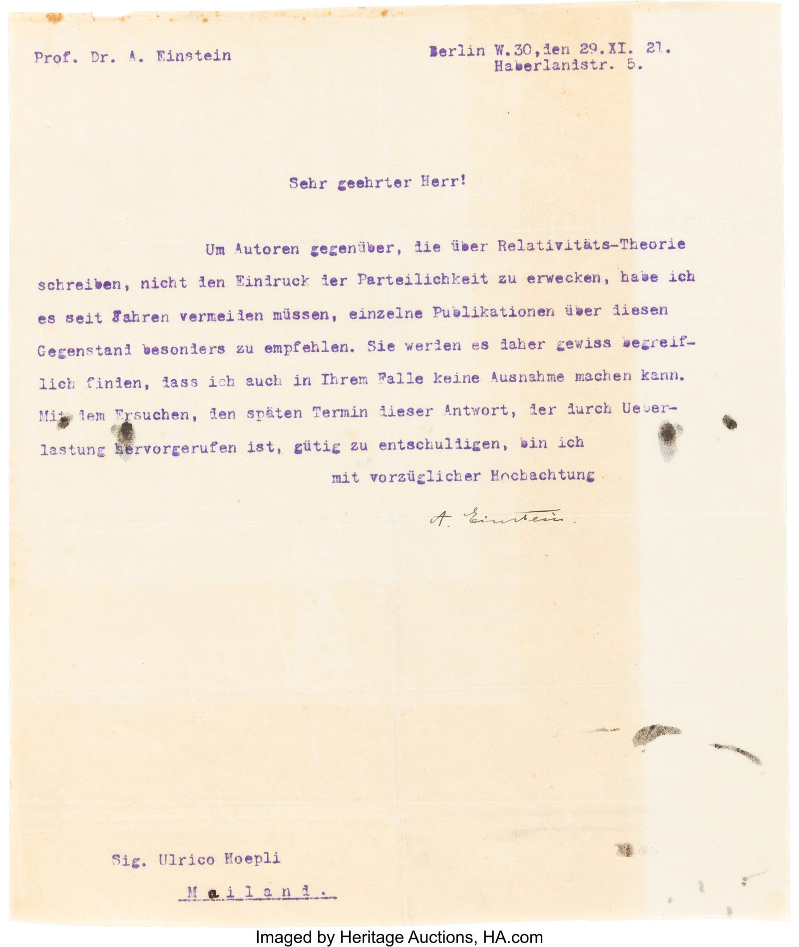 Albert Einstein Typed Letter Signed. One page in (1 of 2)
