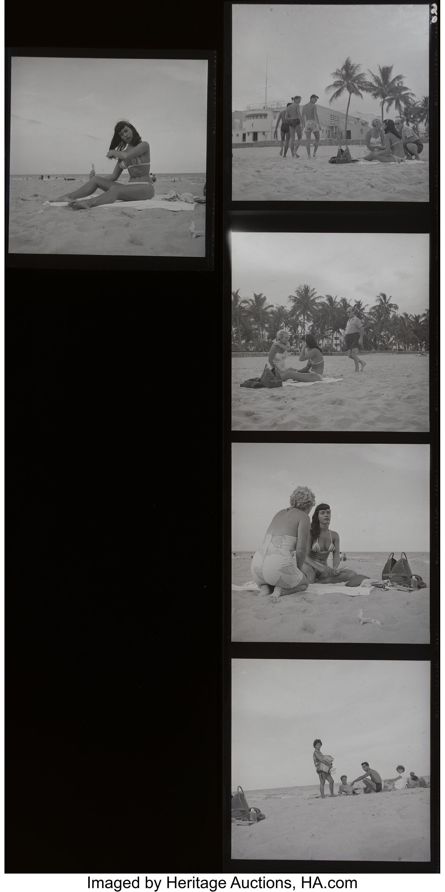 Bunny Yeager (American, 1929-2014) Bettie Page o: Bunny Yeager (American, 1929-2014) Bettie Page on the Beach (5 works) Kodak Film negatives 2-1/2 x 2-1/2 inches (6.3 x 6.3 cm) From the collec