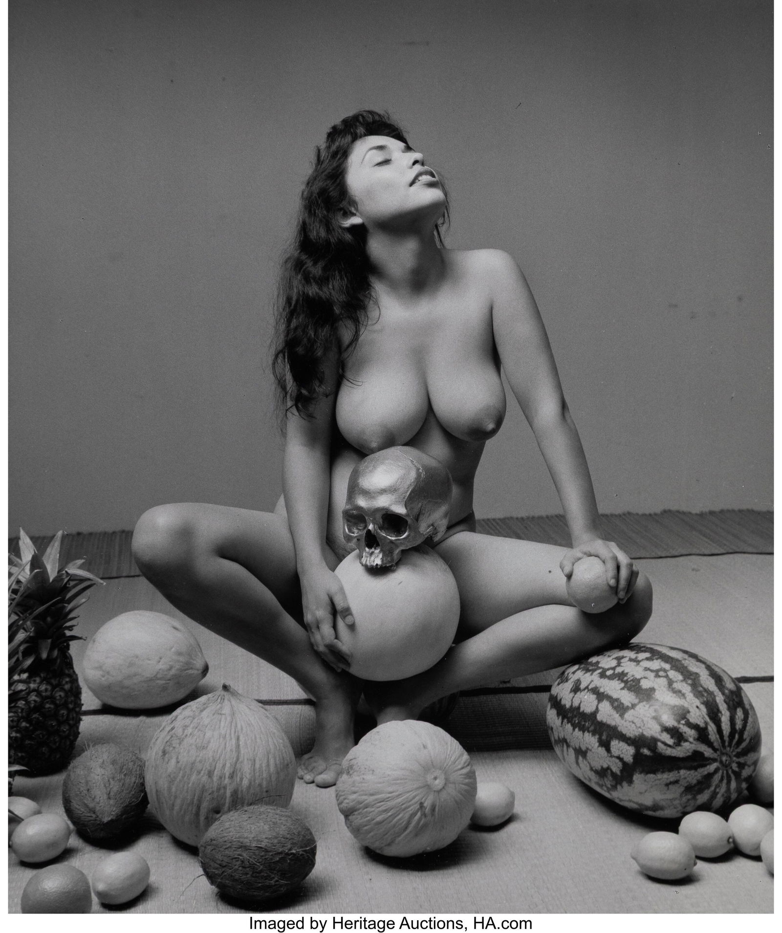 Andre De Dienes (Hungarian, 1913-1985) Untitled: Andre De Dienes (Hungarian, 1913-1985) Untitled (Nude with Fruit and Scull), circa 1960s Gelatin silver print, ferrotyped 12-3/4 x 10-3/4 inches (32&