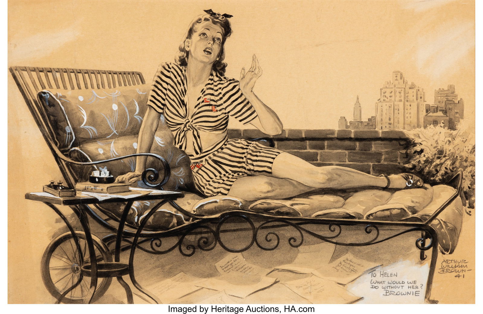 Arthur William Brown (American, 1881-1966) What: Arthur William Brown (American, 1881-1966) What Would We Do Without Her, Helen Mueller, 1941 Watercolor on paper laid on board 16 x 23-1/2 inches (40.6 x 59