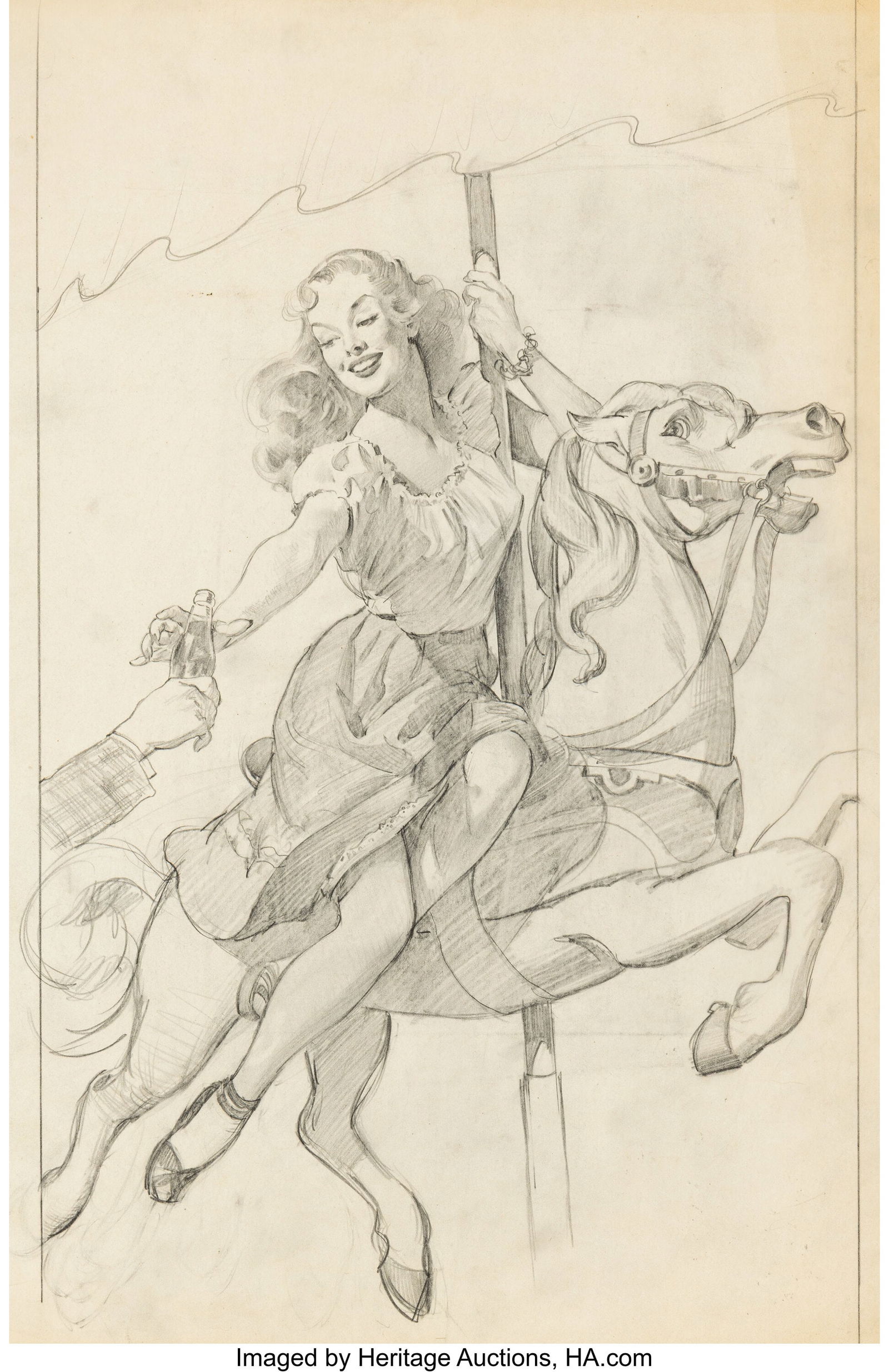 Gil Elvgren (American, 1914-1980) Play Refreshed: Gil Elvgren (American, 1914-1980) Play Refreshed, Coca-Cola advertisement study Pencil on paper 23-1/2 x 17-1/4 inches (59.7 x 43.8 cm) (sigh