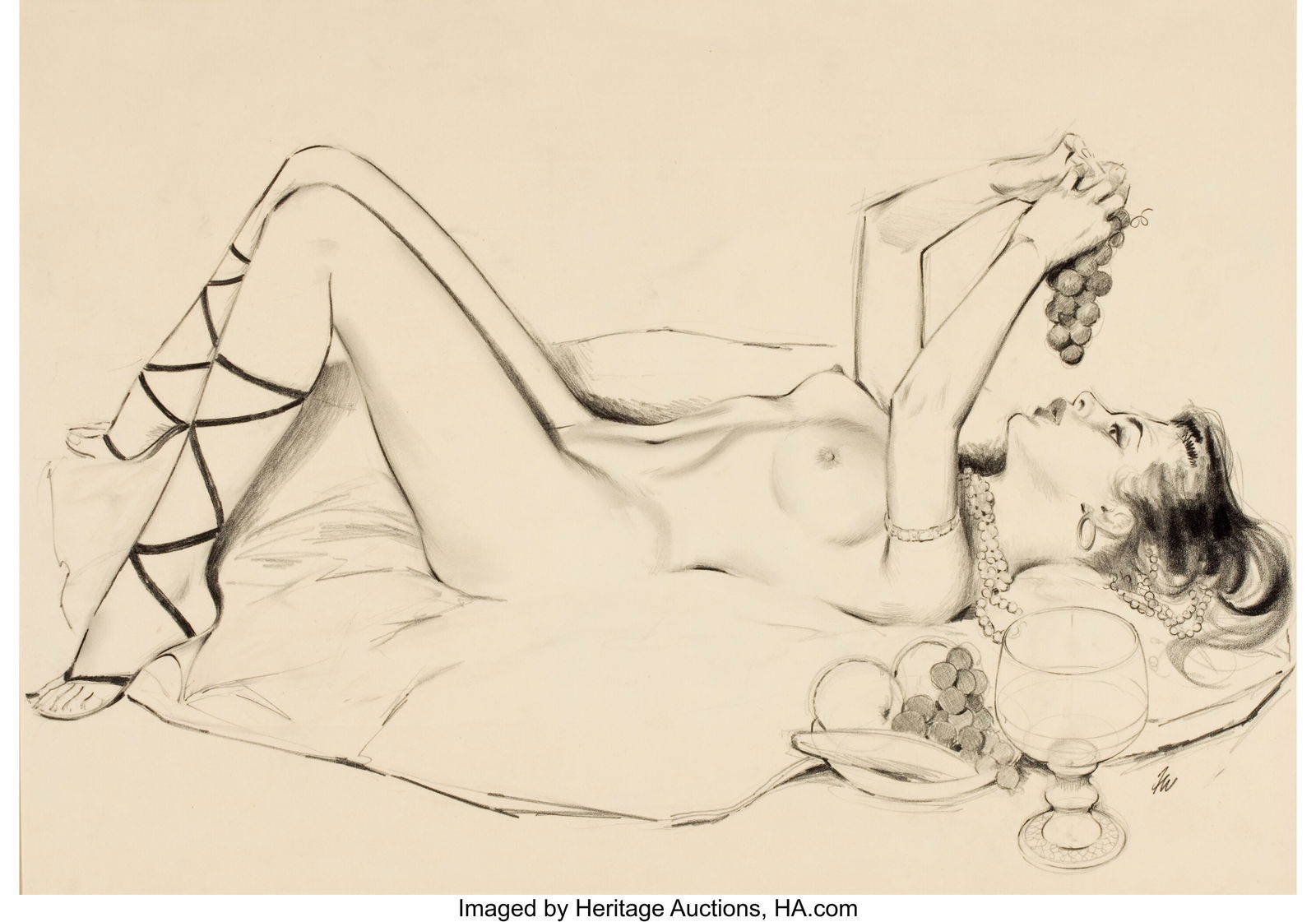 Fritz Willis (American, 1907-1979) Reclined Nude: Fritz Willis (American, 1907-1979) Reclined Nude Eating Grapes Charcoal on board 16 x 23 inches (40.6 x 58.4 cm) Initialed lower right: FW PROVENANCE&colo