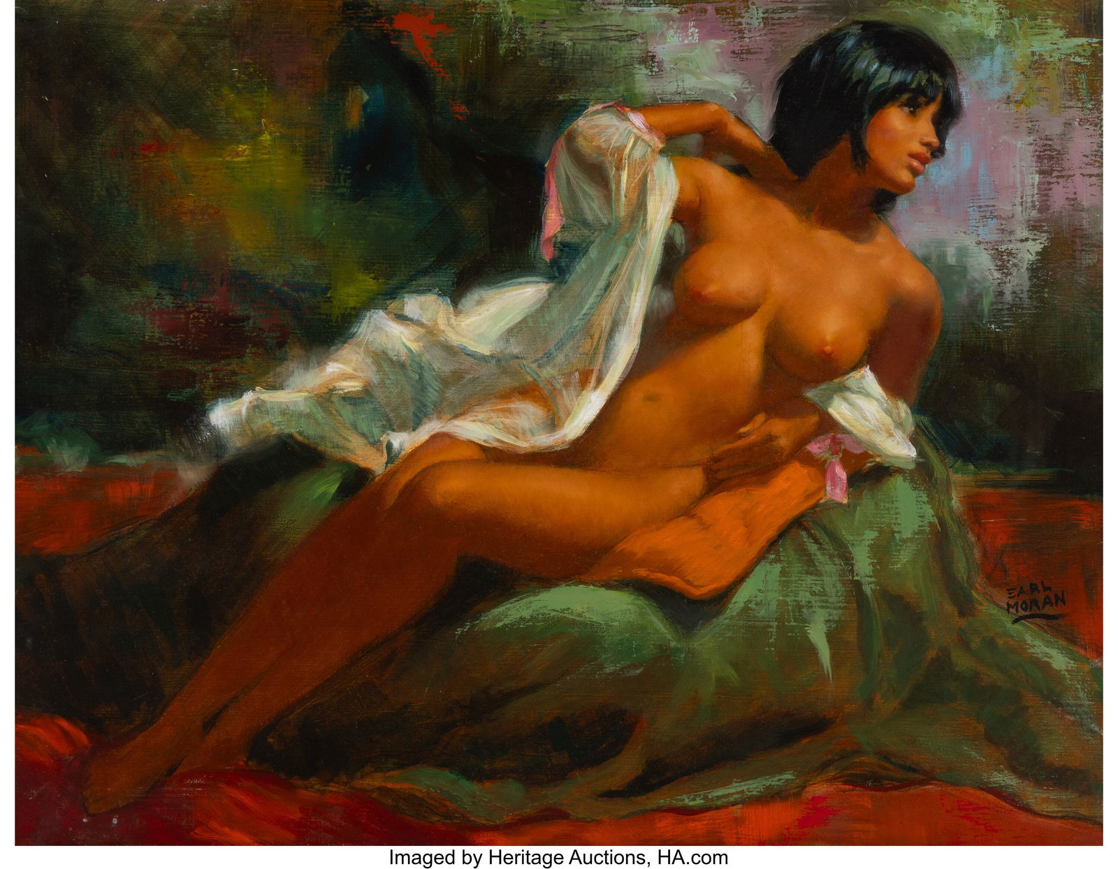 Earl Moran (American, 1893-1984) Reclining Nude: Earl Moran (American, 1893-1984) Reclining Nude Oil on board 17-1/2 x 23-1/2 inches (44.5 x 59.7 cm) Signed lower right: Earl Moran PROVENANCE&col
