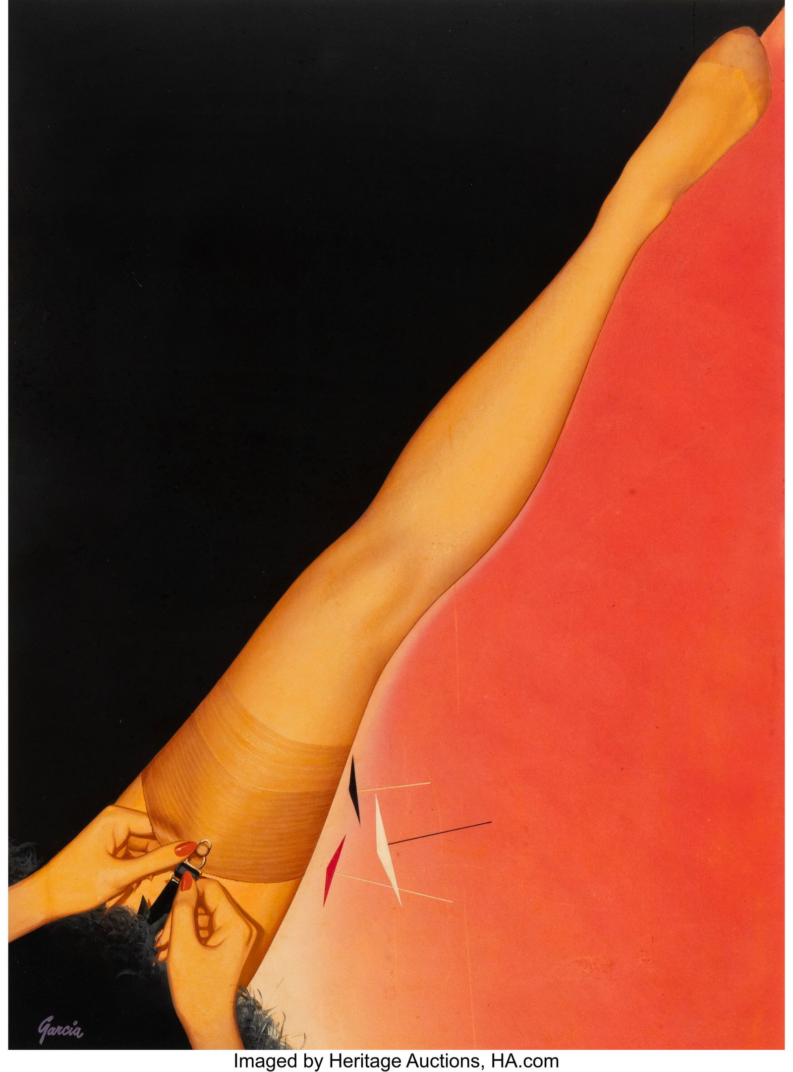 Rudy Garcia (American, 20th Century) Berkshire H: Rudy Garcia (American, 20th Century) Berkshire Hosiery advertisement Acrylic with element of collage on board 20 x 15 inches (50.8 x 38.1 cm) Signed lower left&