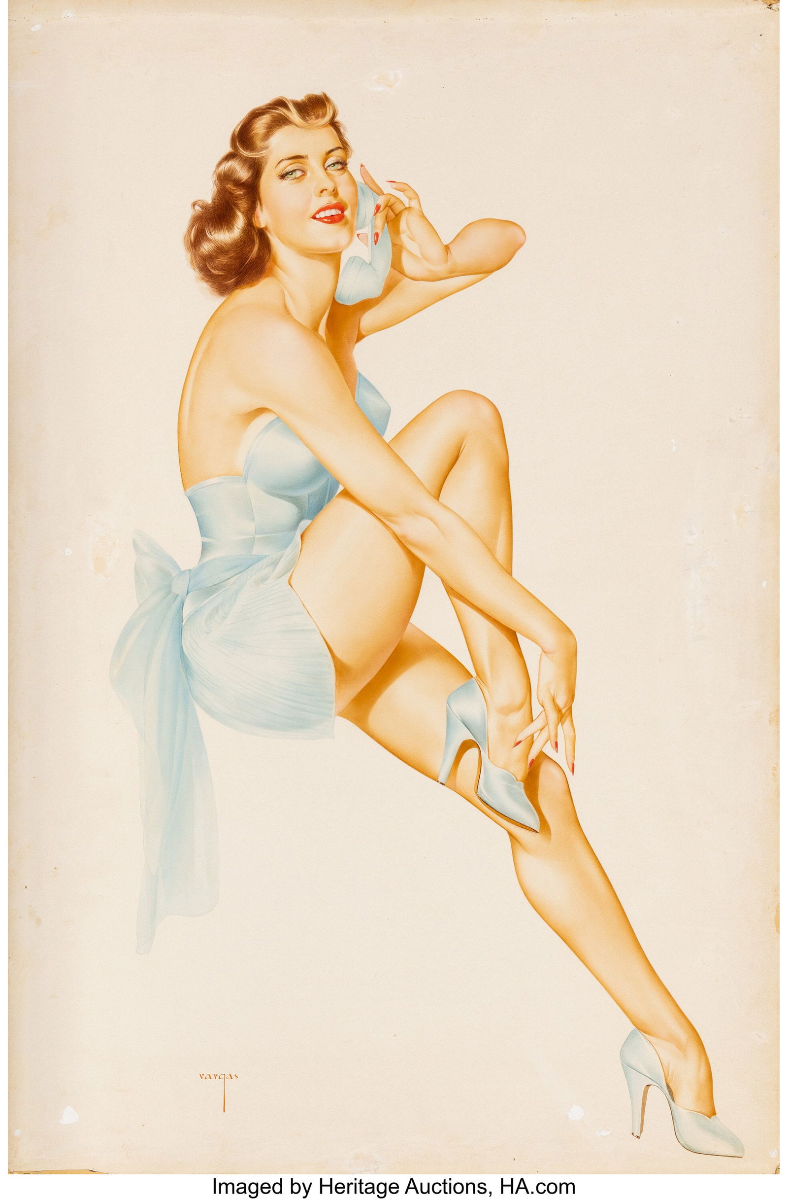 Alberto Vargas (Peruvian/American, 1896-1982) Br: Alberto Vargas (Peruvian/American, 1896-1982) Brunette in Blue with Phone, Maxine Emitt Watercolor on board 30 x 20 inches (76.2 x 50.8 cm) Signed low