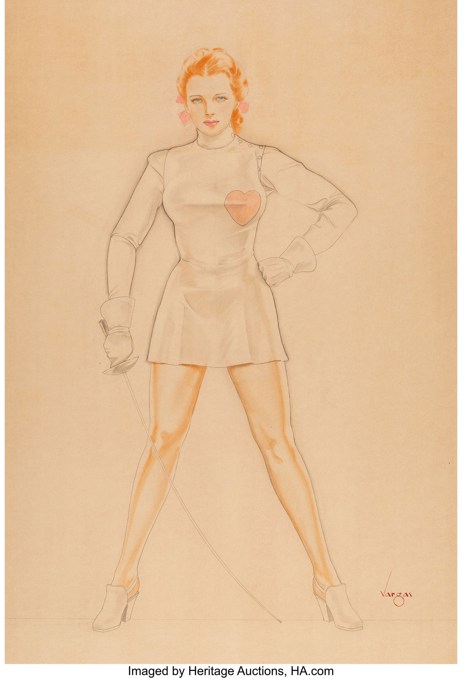 Alberto Vargas (Peruvian/American, 1896-1982) Yo: Alberto Vargas (Peruvian/American, 1896-1982) Your Valentine Fencer, Esquire study, 1947 Watercolor and pencil on board 38 x 26-1/4 inches (96.5 x 66&pe